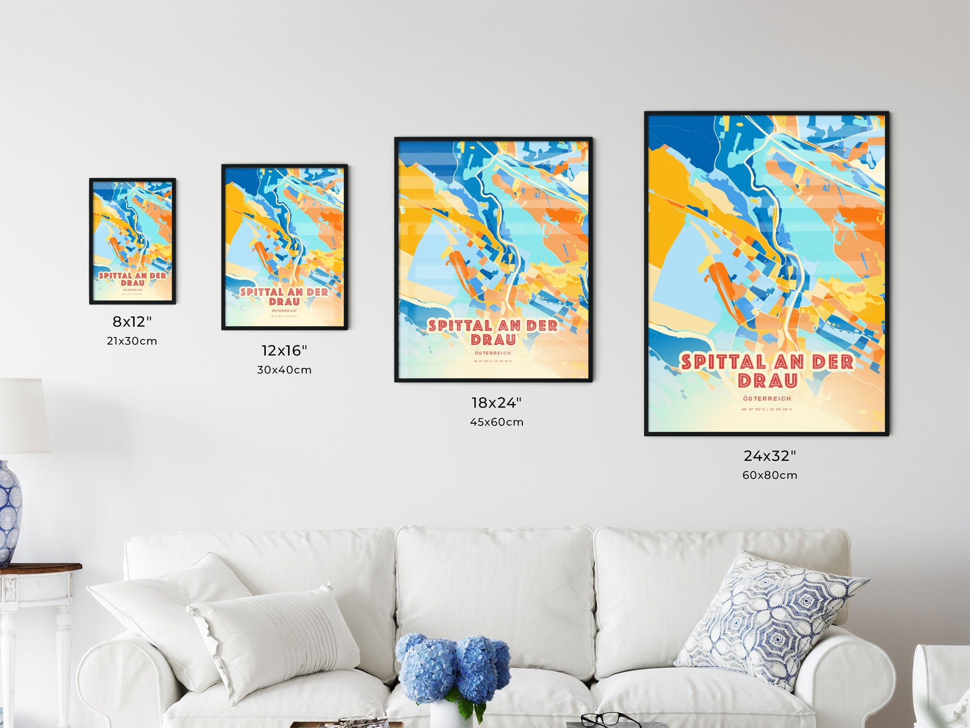 Colorful SPITTAL AN DER DRAU AUSTRIA Fine Art Map Blue Orange