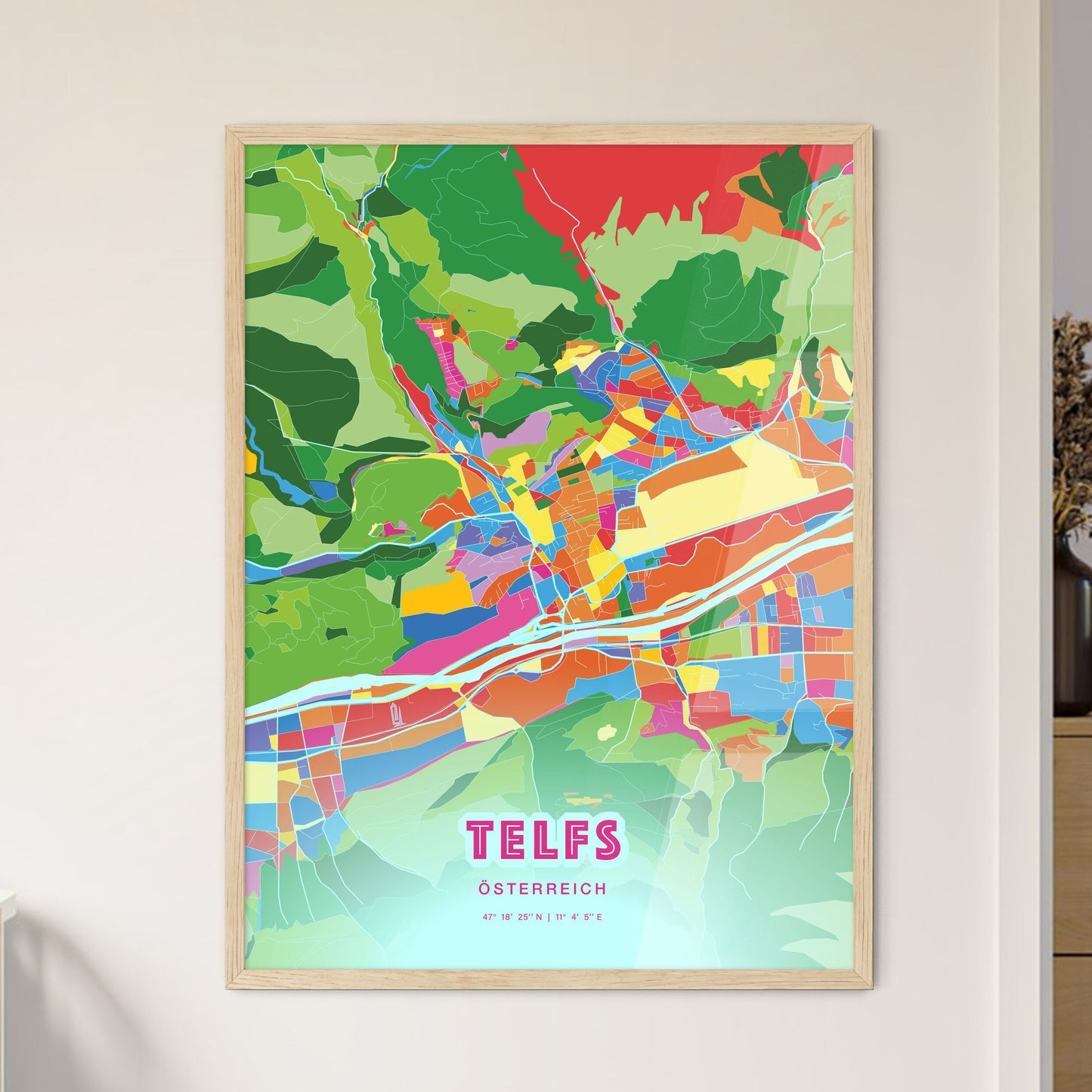 Colorful TELFS AUSTRIA Fine Art Map Crazy Colors