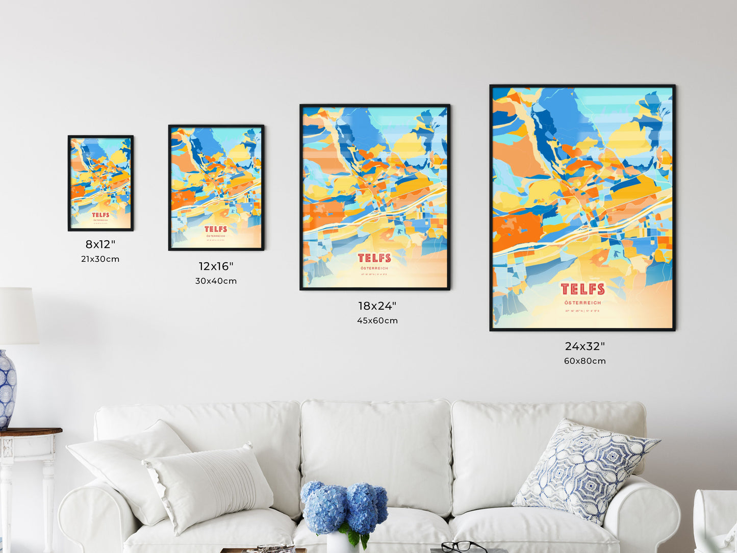 Colorful TELFS AUSTRIA Fine Art Map Blue Orange