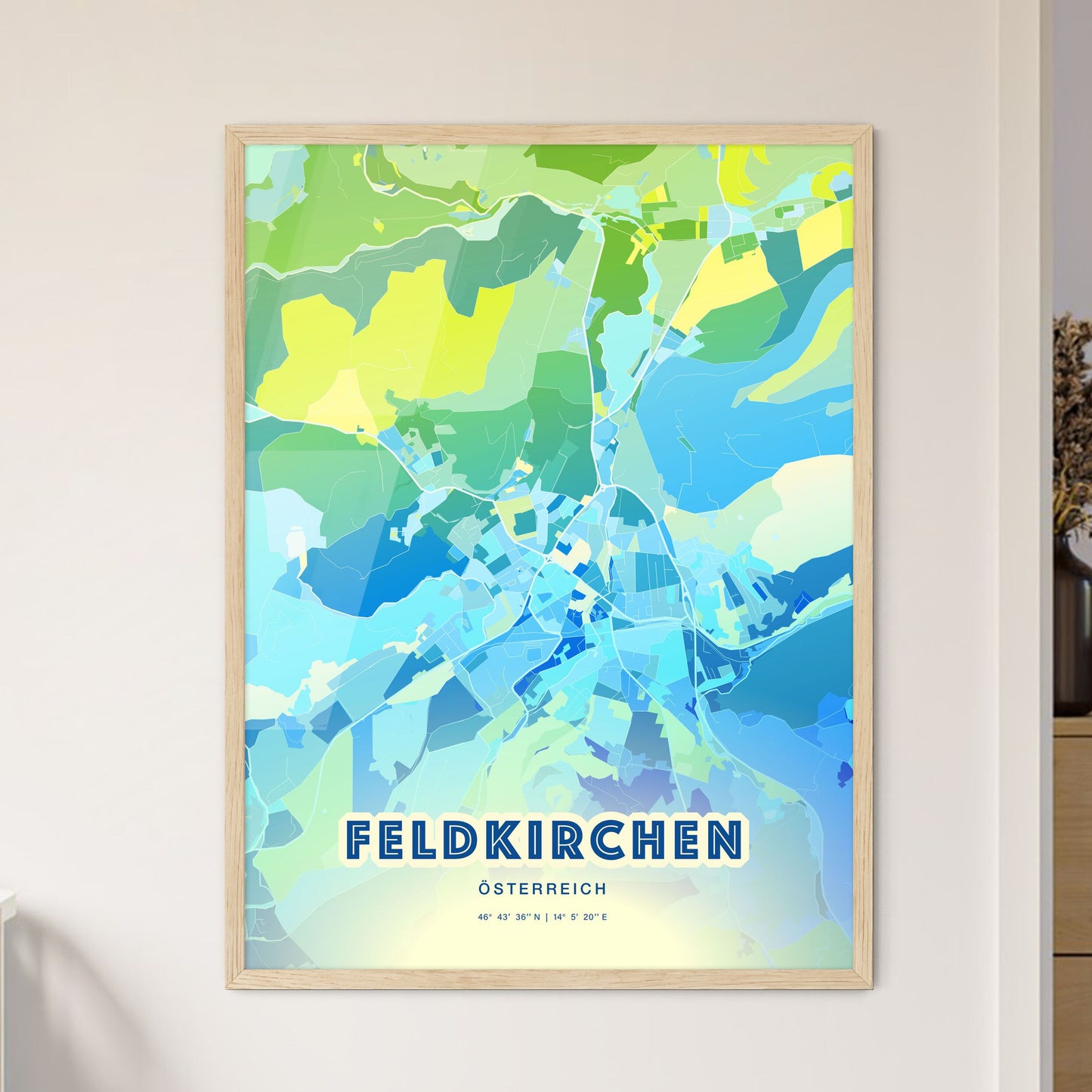 Colorful FELDKIRCHEN AUSTRIA Fine Art Map Cool Blue