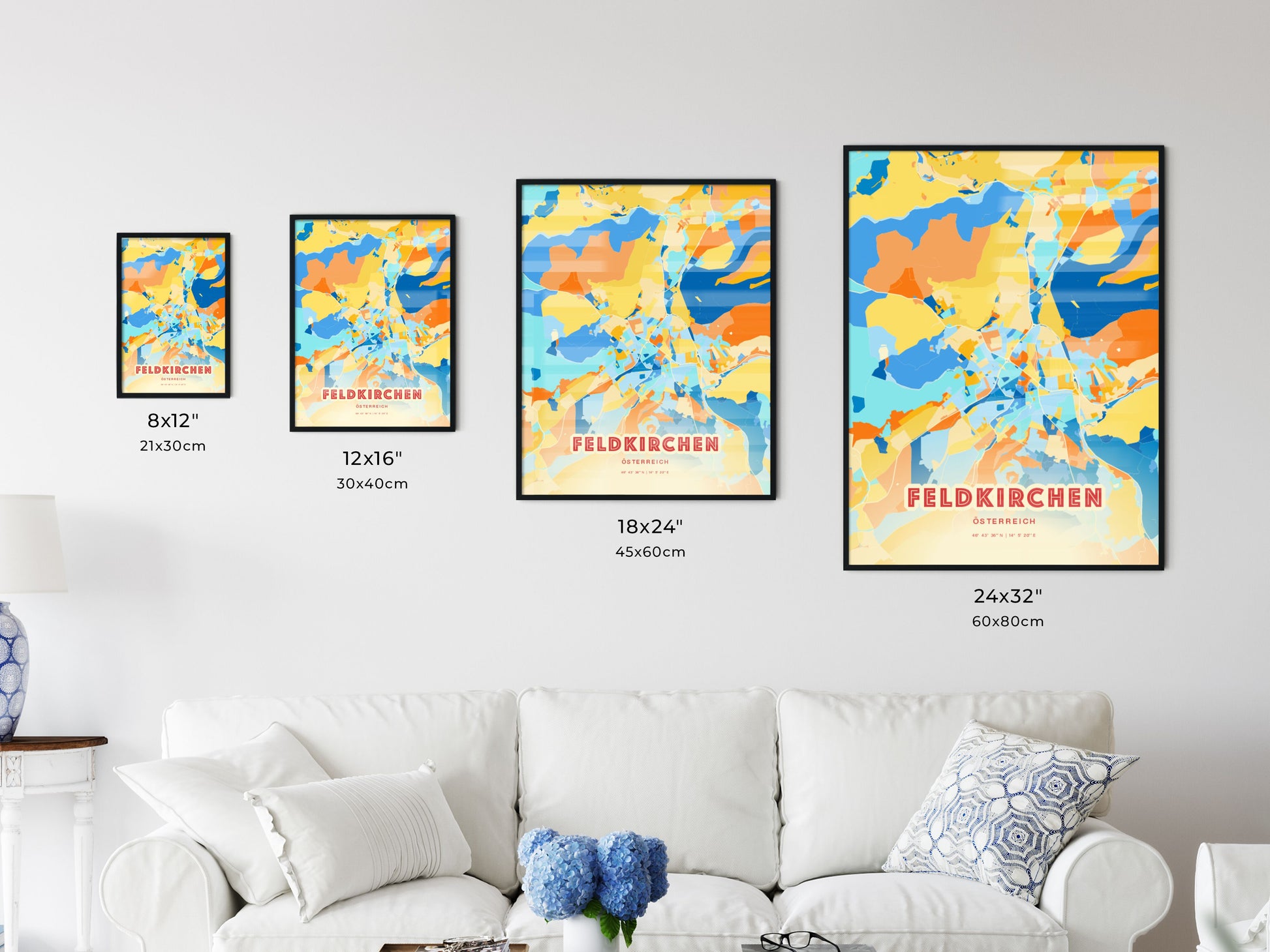 Colorful FELDKIRCHEN AUSTRIA Fine Art Map Blue Orange