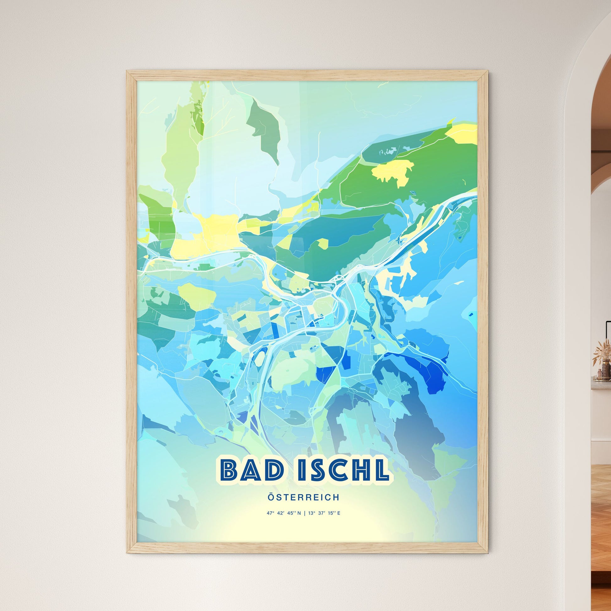 Colorful BAD ISCHL AUSTRIA Fine Art Map Cool Blue