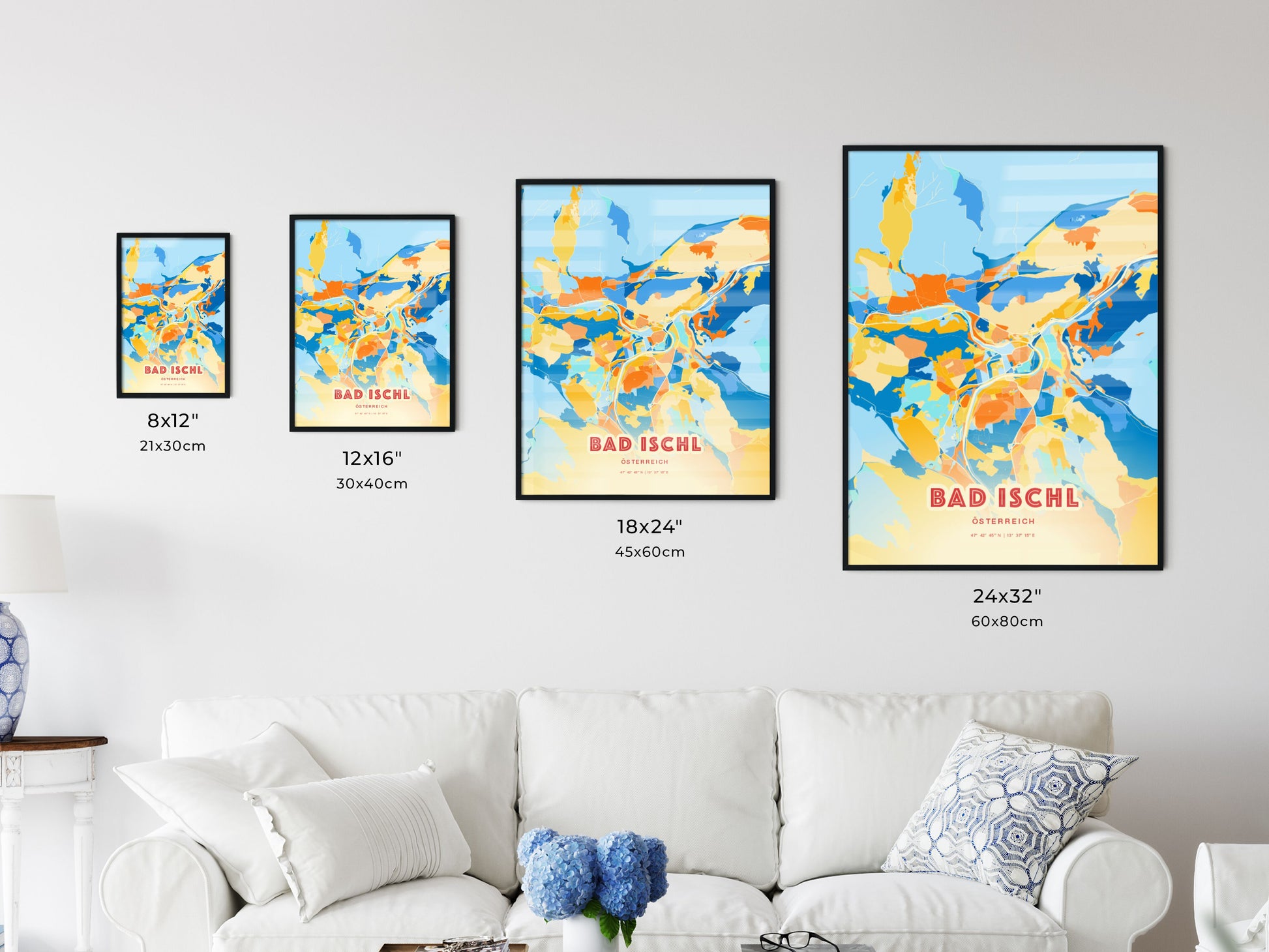 Colorful BAD ISCHL AUSTRIA Fine Art Map Blue Orange