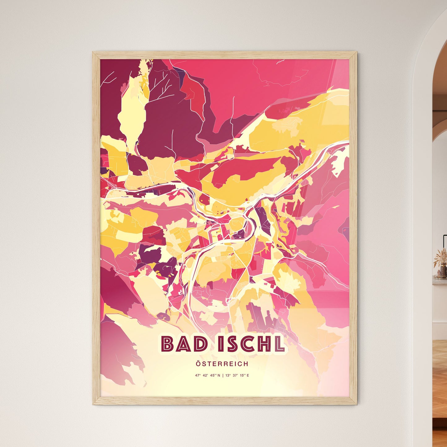 Colorful BAD ISCHL AUSTRIA Fine Art Map Hot Red