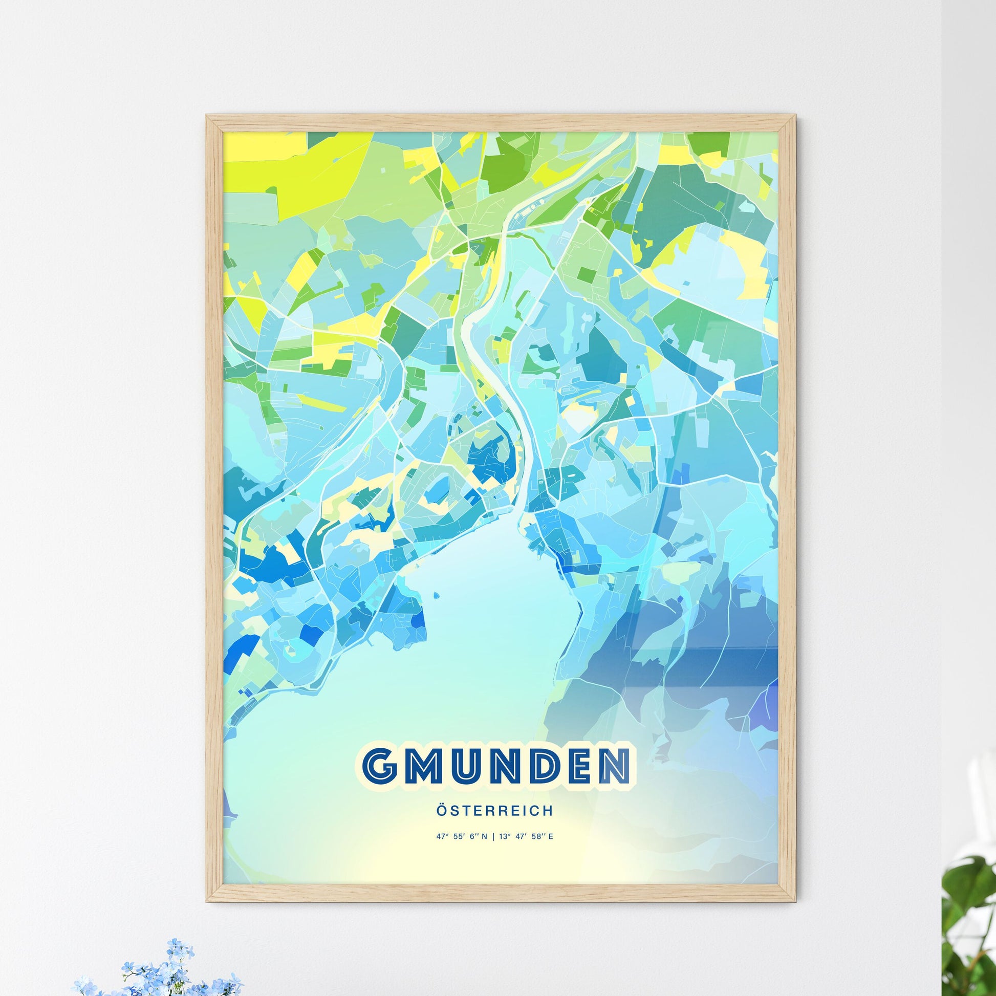 Colorful GMUNDEN AUSTRIA Fine Art Map Cool Blue