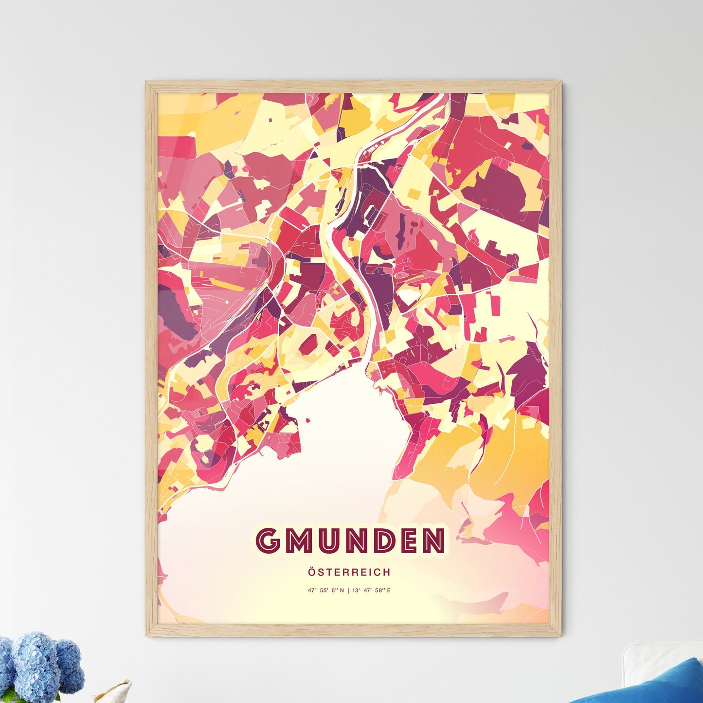 Colorful GMUNDEN AUSTRIA Fine Art Map Hot Red