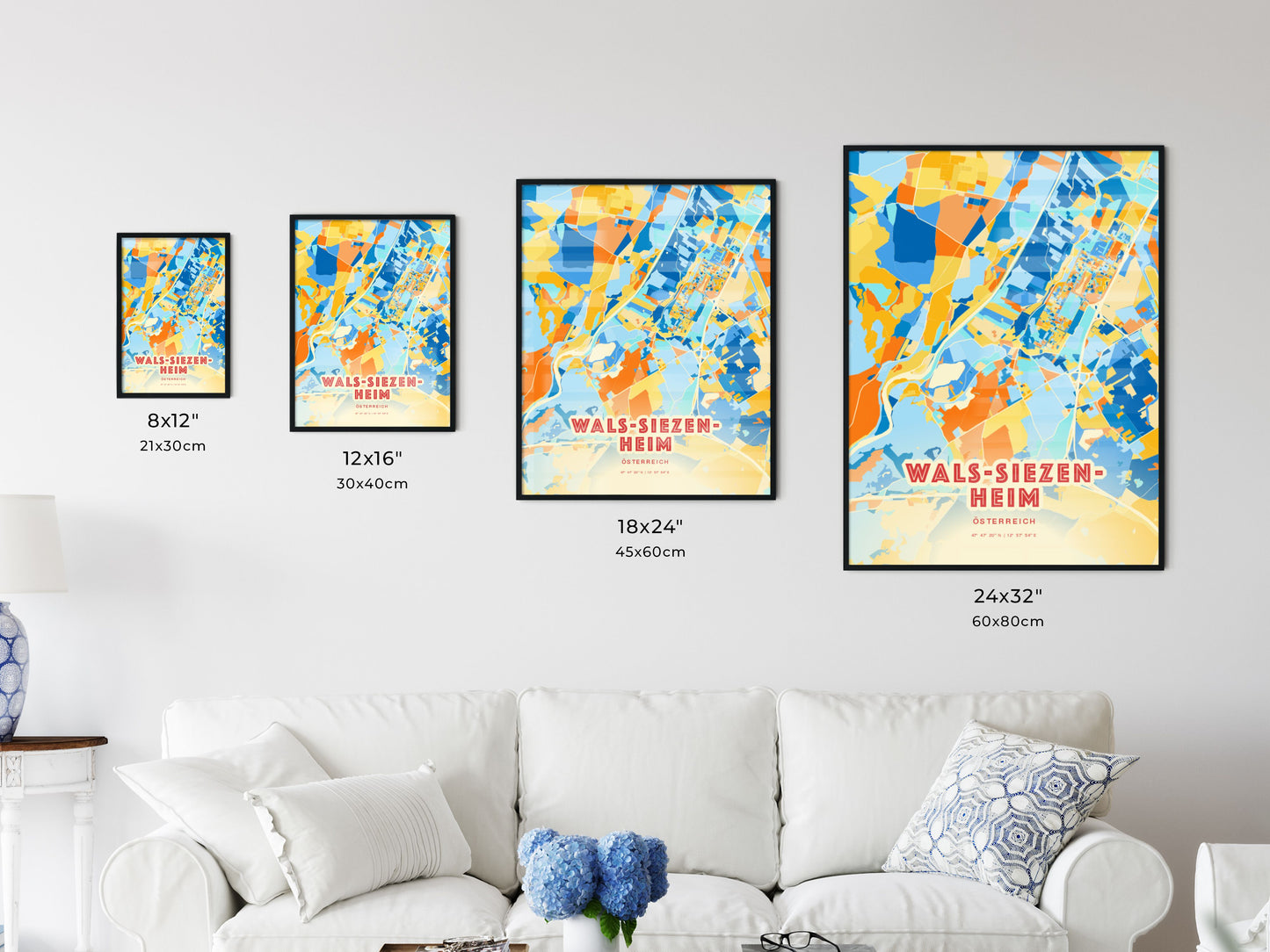 Colorful WALS-SIEZENHEIM AUSTRIA Fine Art Map Blue Orange