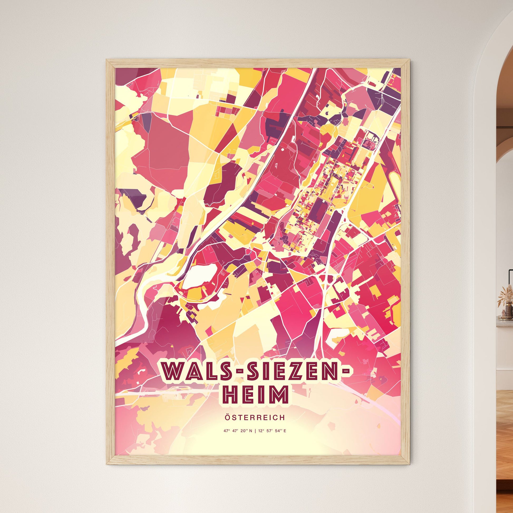 Colorful WALS-SIEZENHEIM AUSTRIA Fine Art Map Hot Red