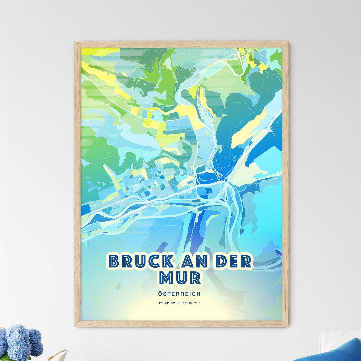 Colorful BRUCK AN DER MUR AUSTRIA Fine Art Map Cool Blue