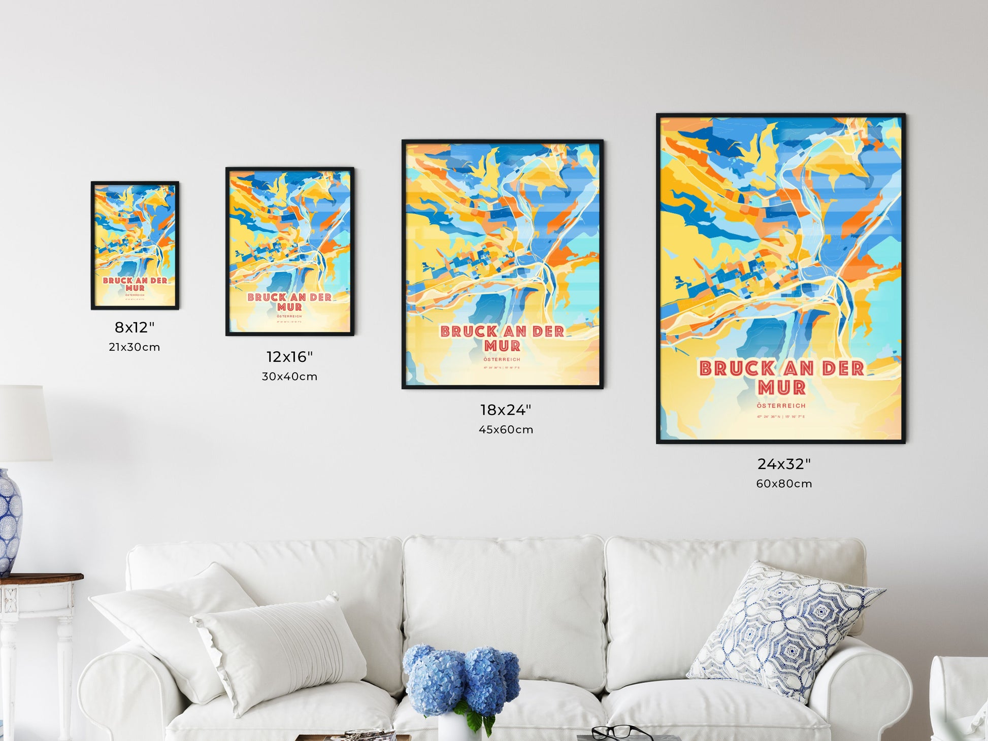 Colorful BRUCK AN DER MUR AUSTRIA Fine Art Map Blue Orange