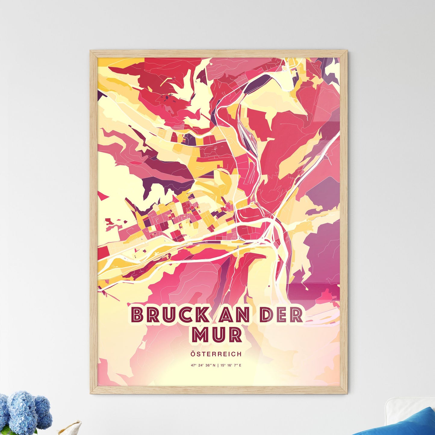 Colorful BRUCK AN DER MUR AUSTRIA Fine Art Map Hot Red