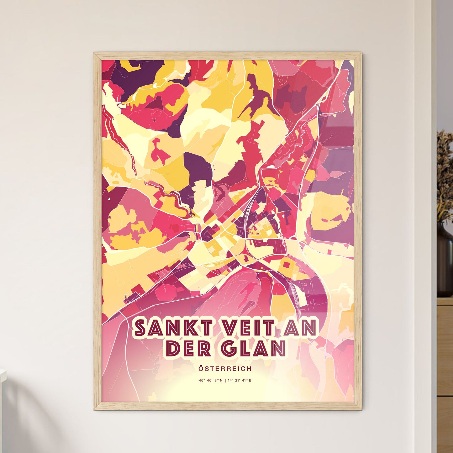 Colorful SANKT VEIT AN DER GLAN AUSTRIA Fine Art Map Hot Red