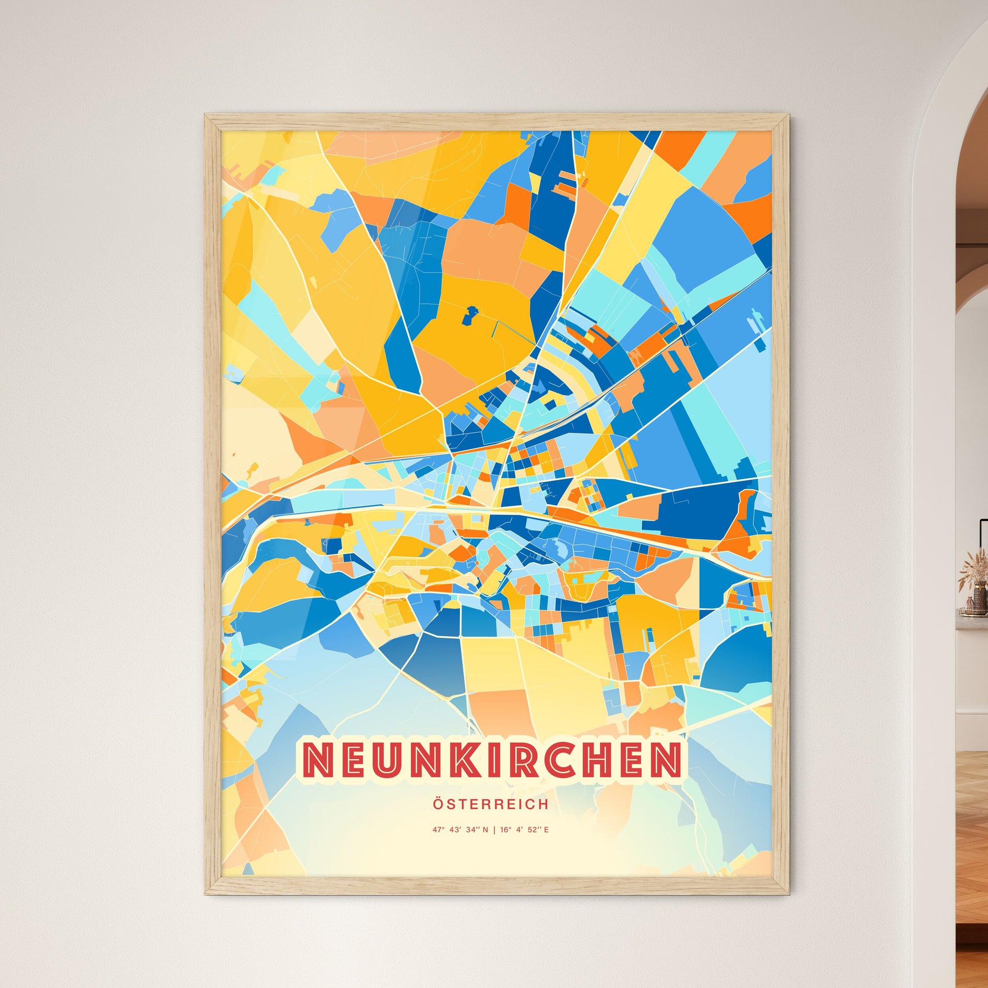 Colorful NEUNKIRCHEN AUSTRIA Fine Art Map Blue Orange