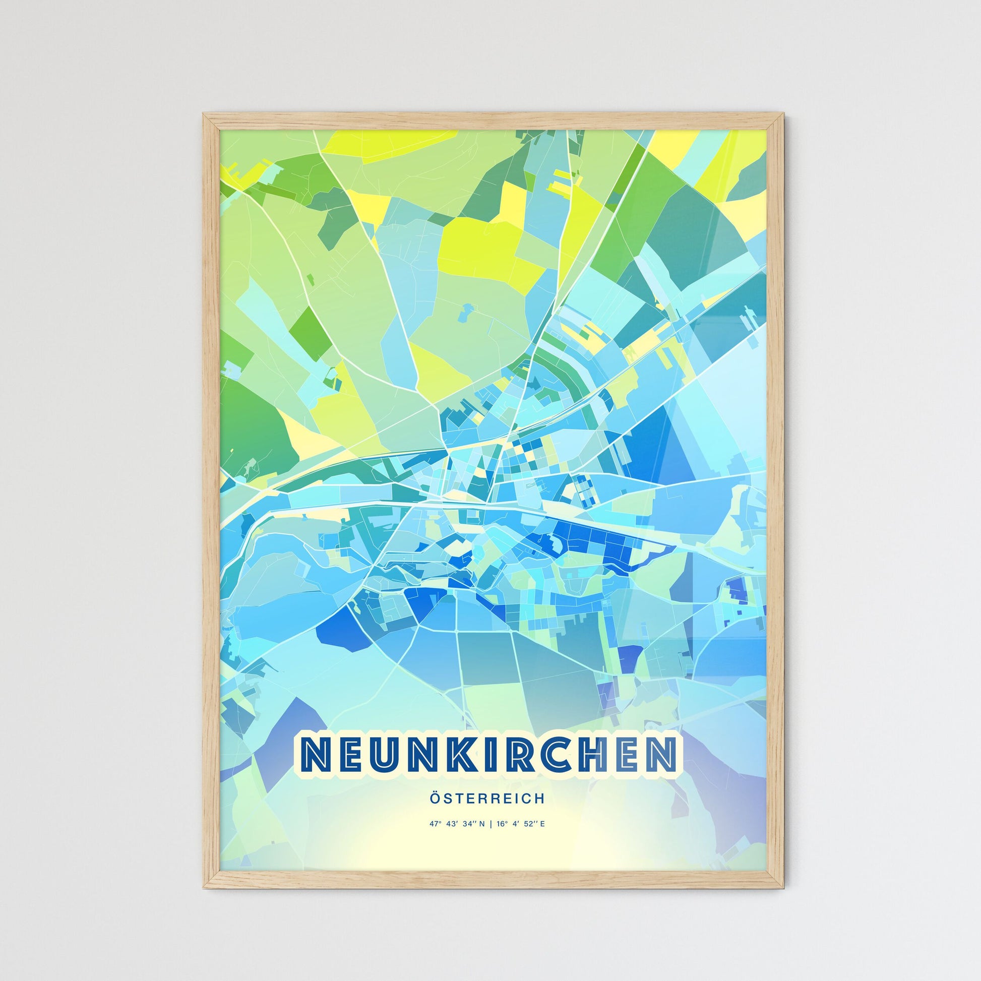 Colorful NEUNKIRCHEN AUSTRIA Fine Art Map Cool Blue