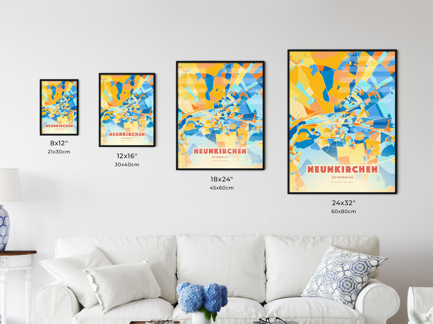 Colorful NEUNKIRCHEN AUSTRIA Fine Art Map Blue Orange