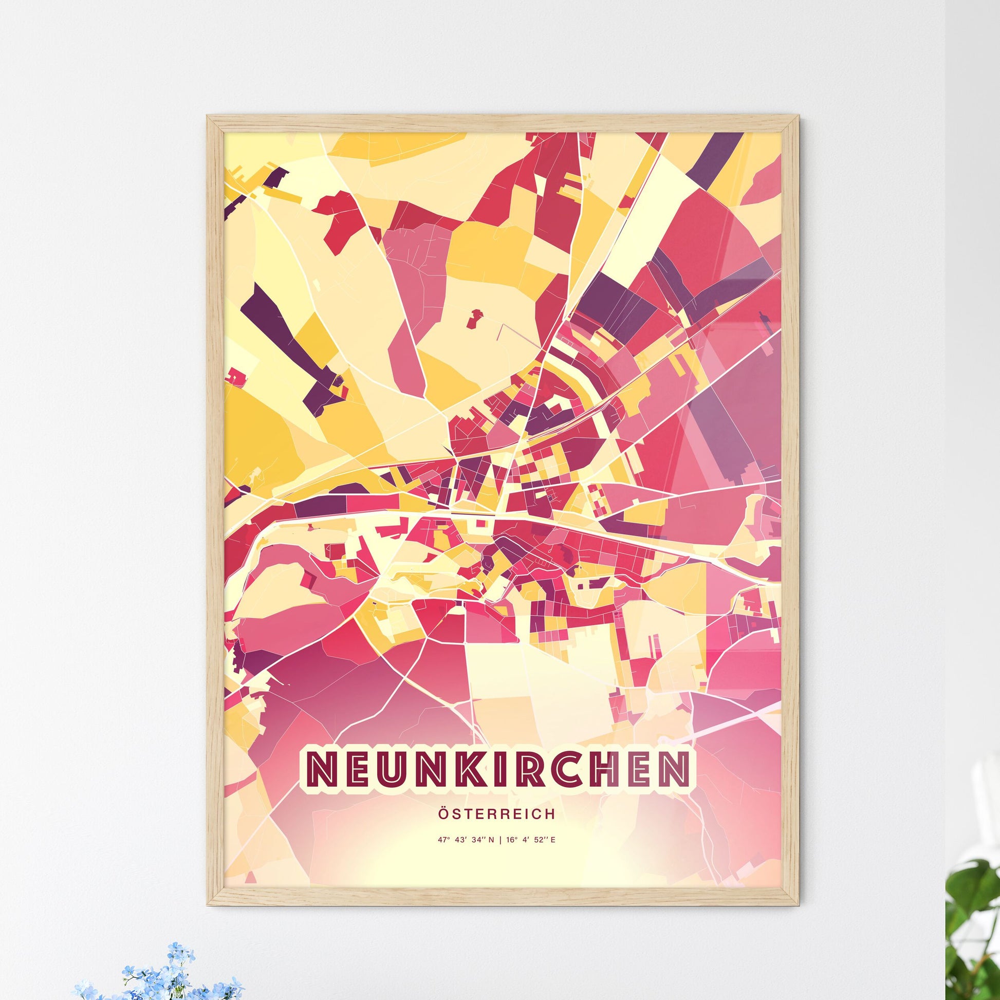 Colorful NEUNKIRCHEN AUSTRIA Fine Art Map Hot Red