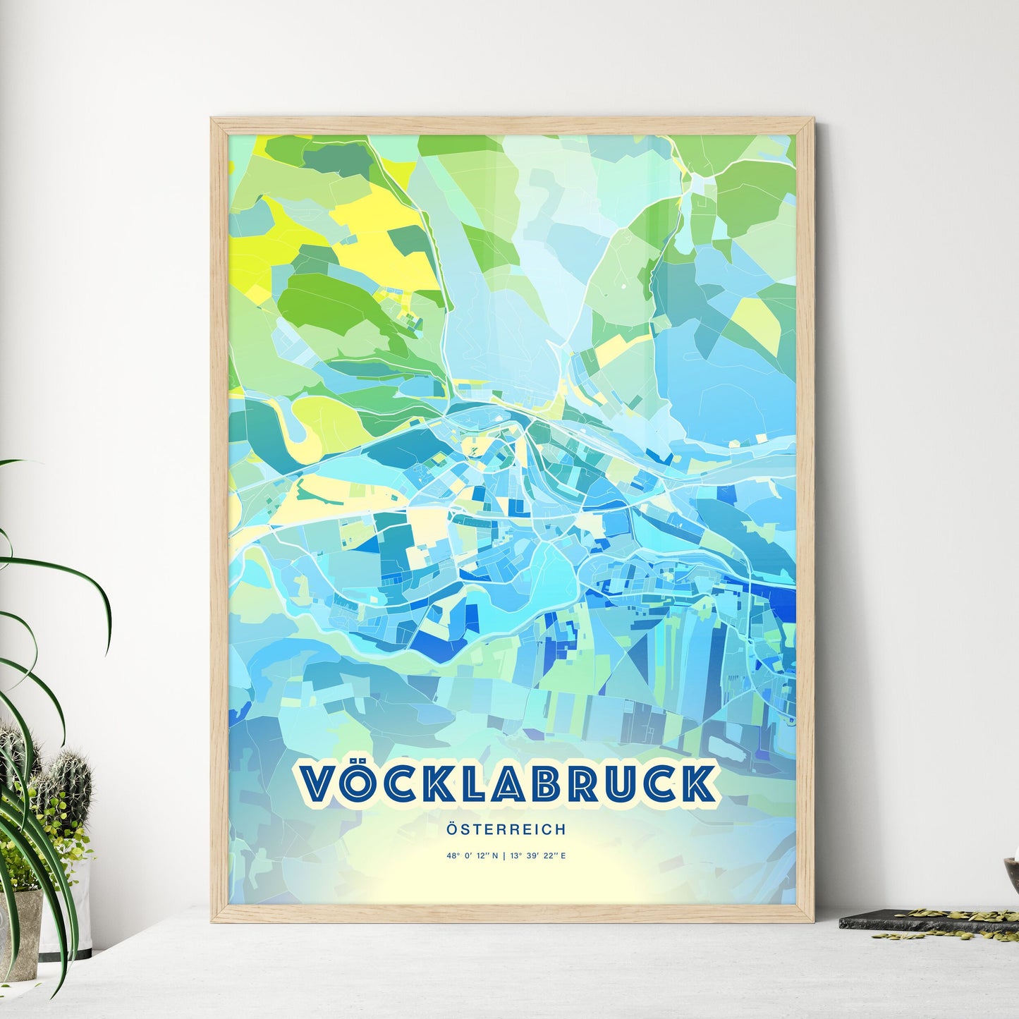 Colorful VÖCKLABRUCK AUSTRIA Fine Art Map Cool Blue