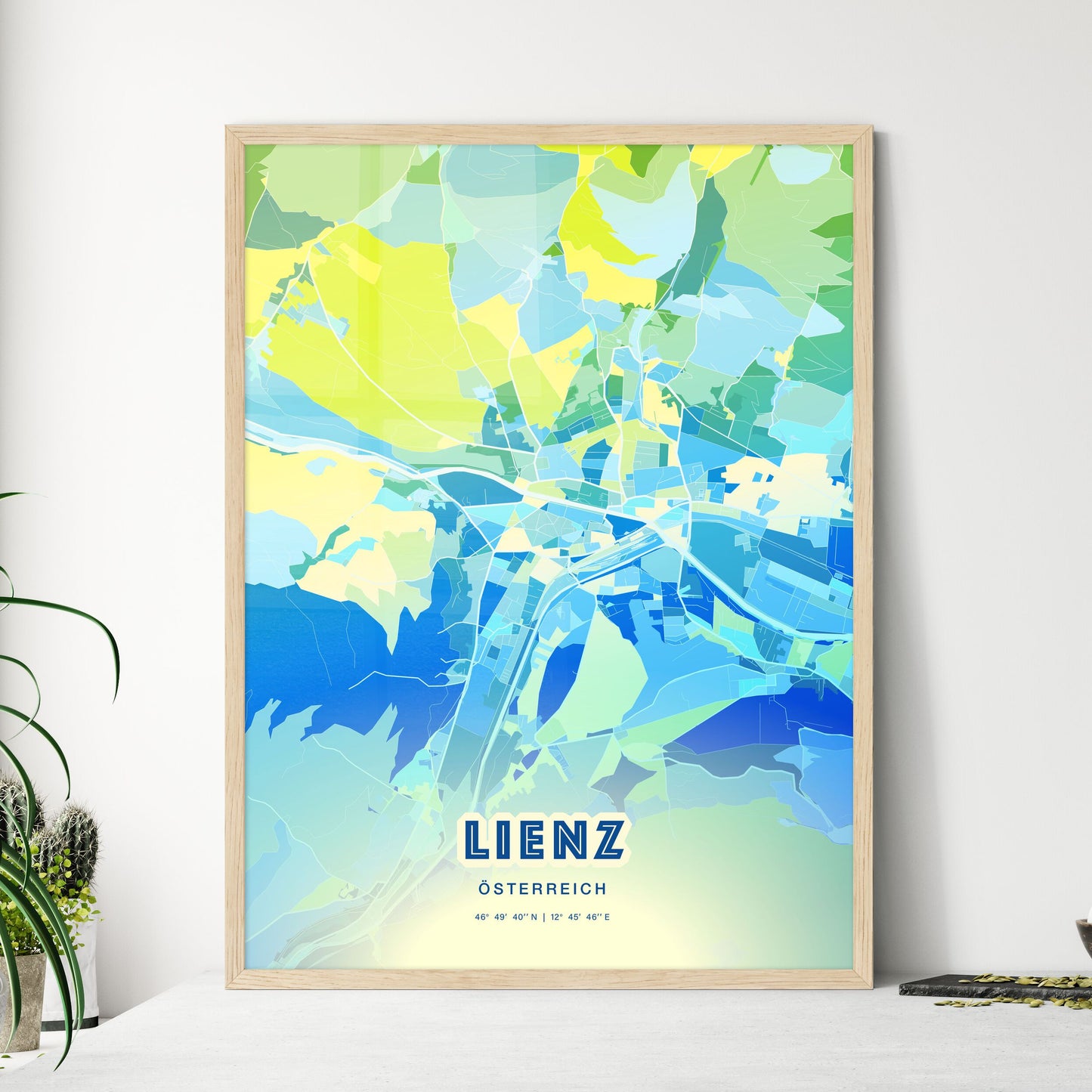 Colorful LIENZ AUSTRIA Fine Art Map Cool Blue