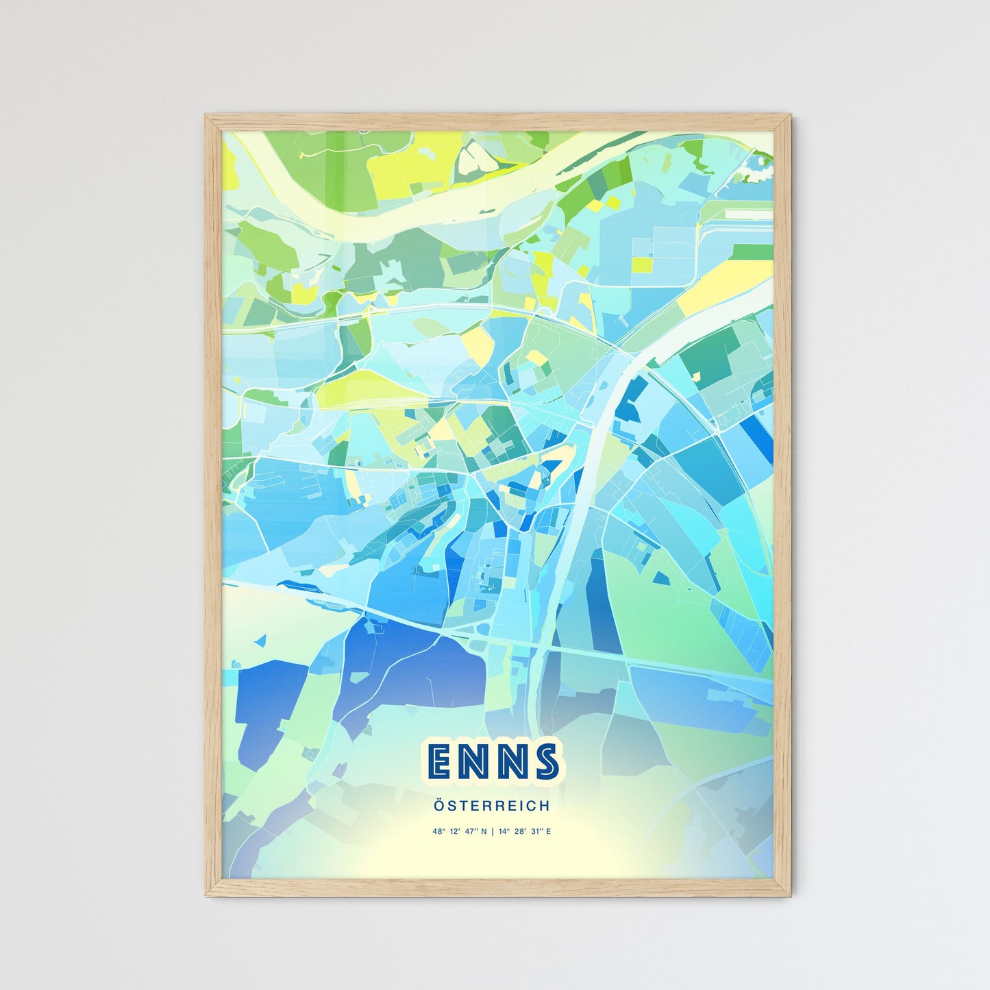 Colorful ENNS AUSTRIA Fine Art Map Cool Blue