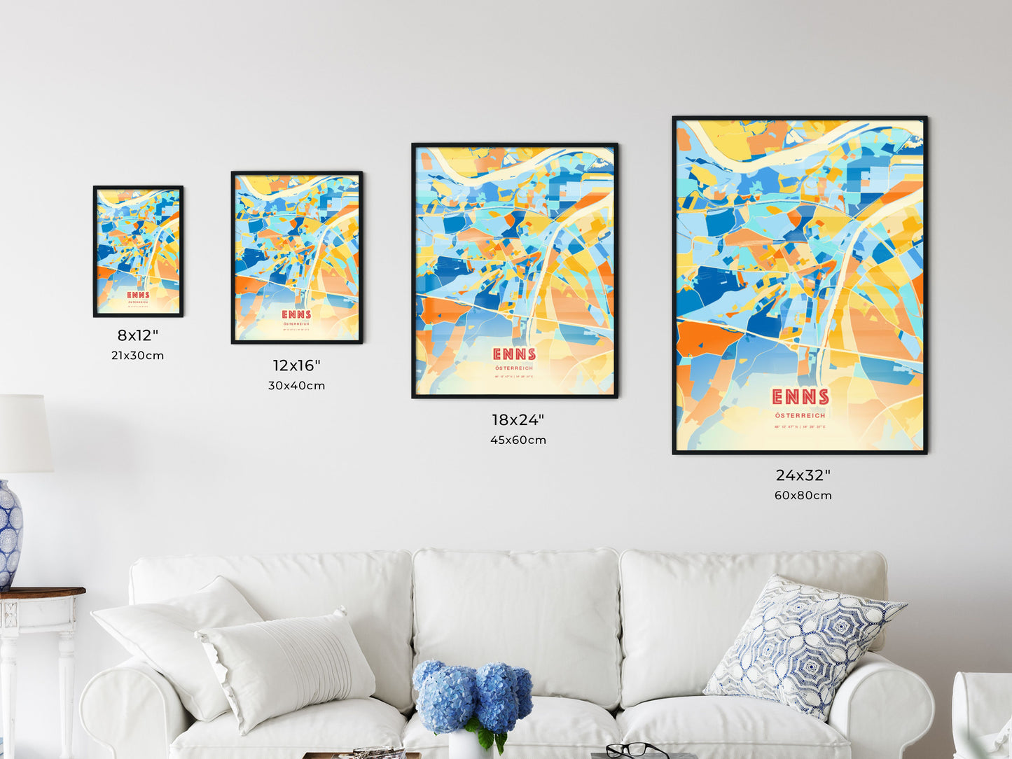 Colorful ENNS AUSTRIA Fine Art Map Blue Orange