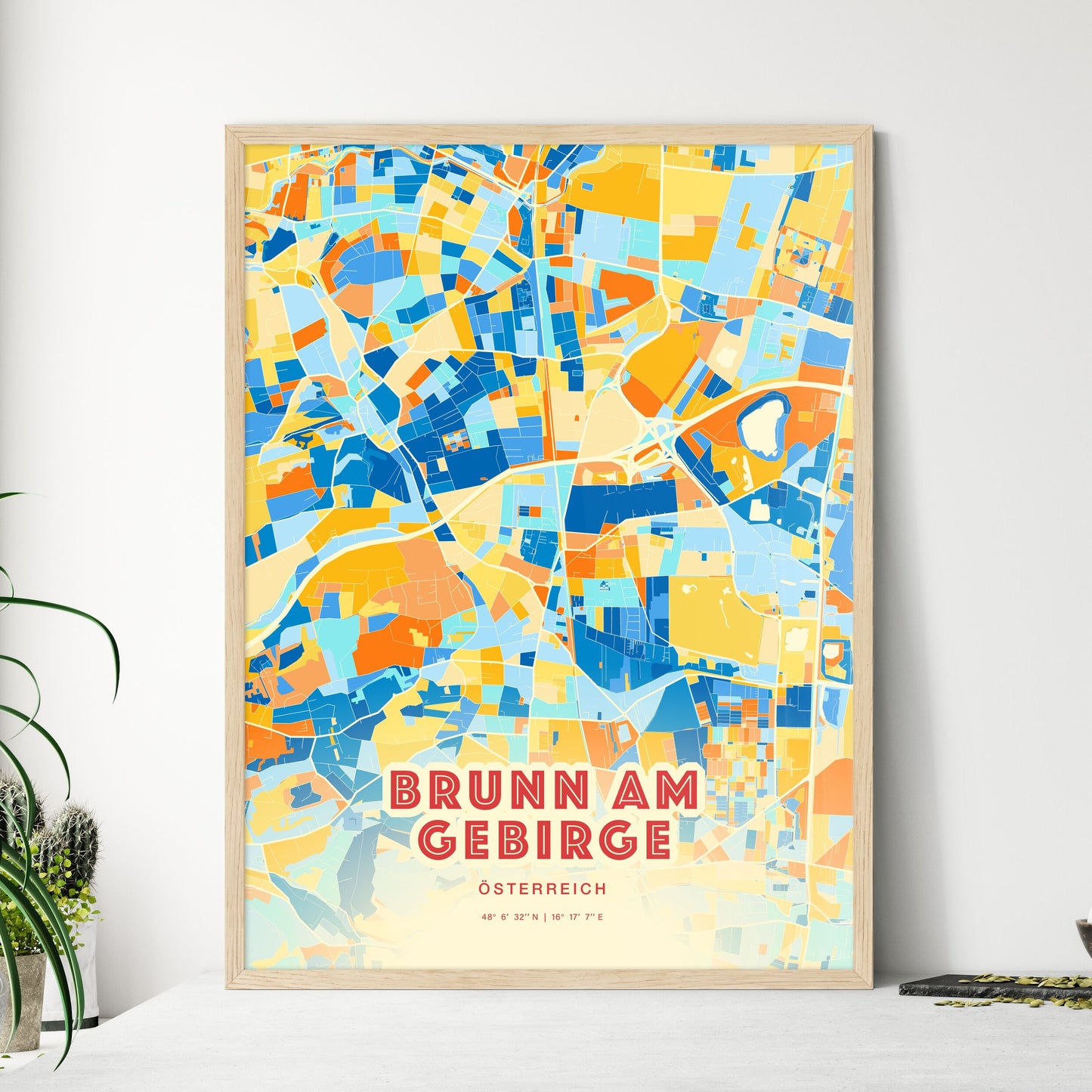 Colorful BRUNN AM GEBIRGE AUSTRIA Fine Art Map Blue Orange