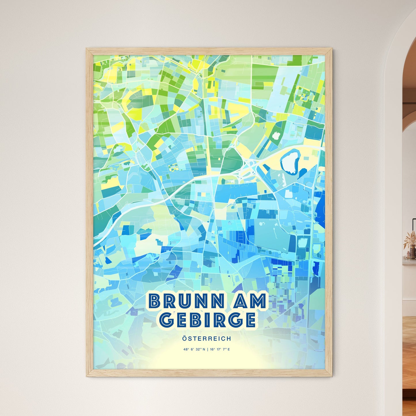 Colorful BRUNN AM GEBIRGE AUSTRIA Fine Art Map Cool Blue