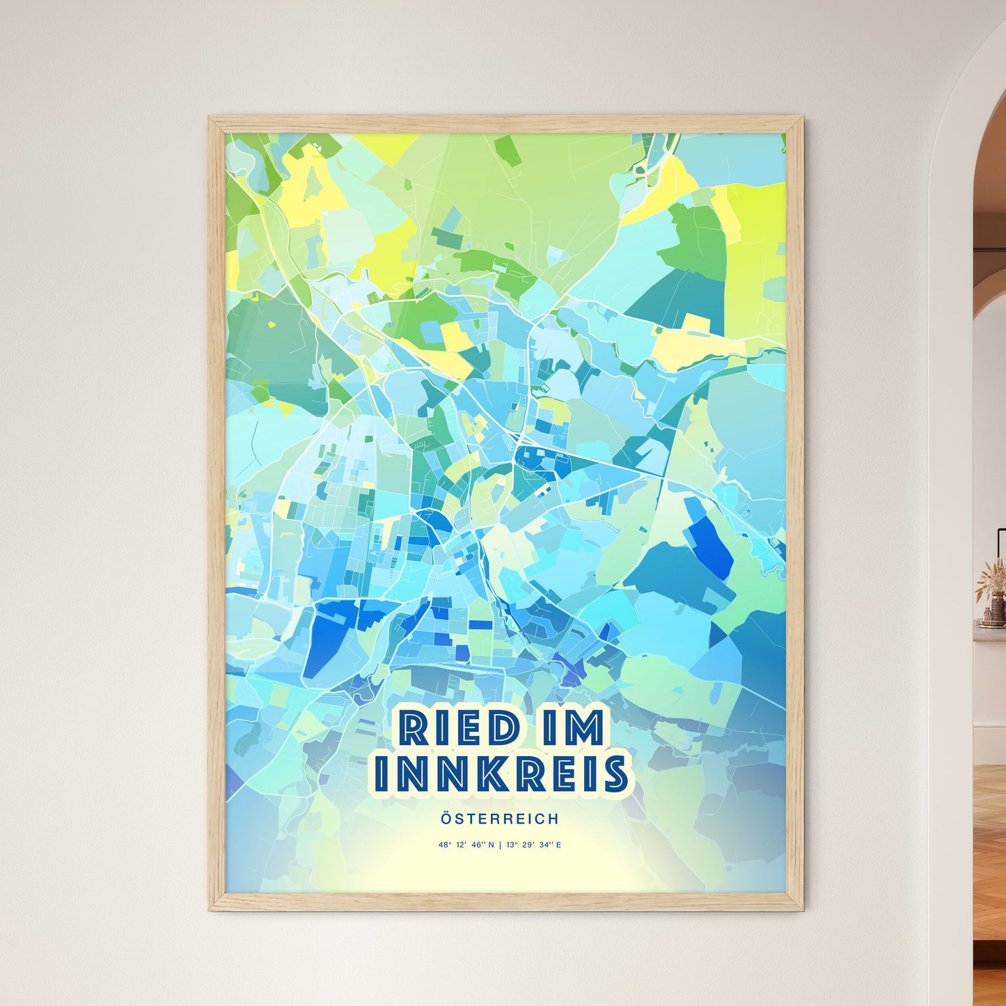 Colorful RIED IM INNKREIS AUSTRIA Fine Art Map Cool Blue