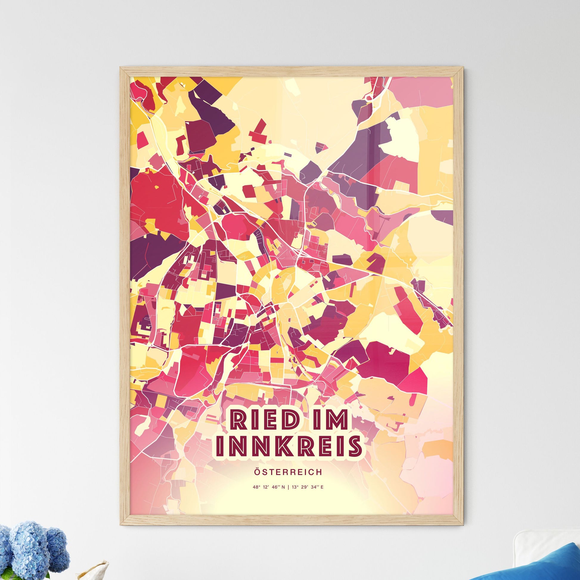 Colorful RIED IM INNKREIS AUSTRIA Fine Art Map Hot Red