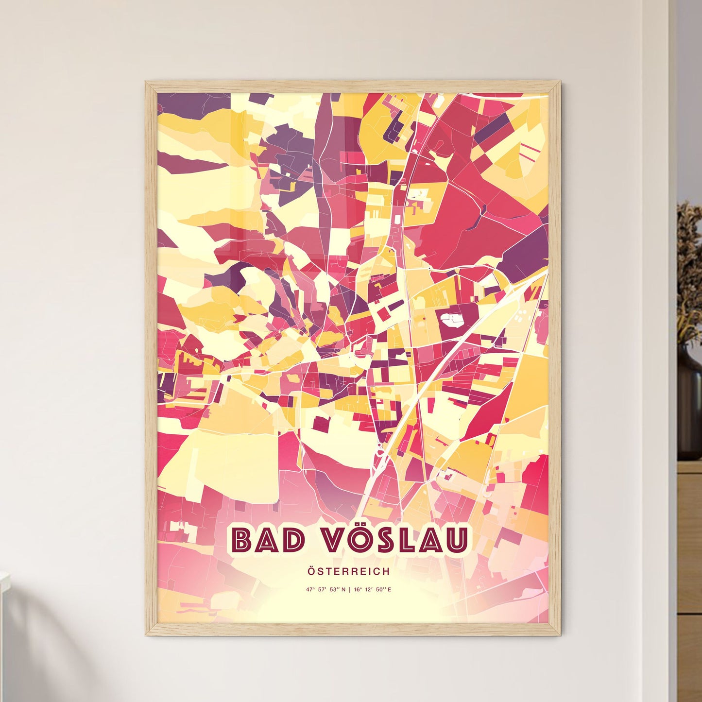 Colorful BAD VÖSLAU AUSTRIA Fine Art Map Hot Red