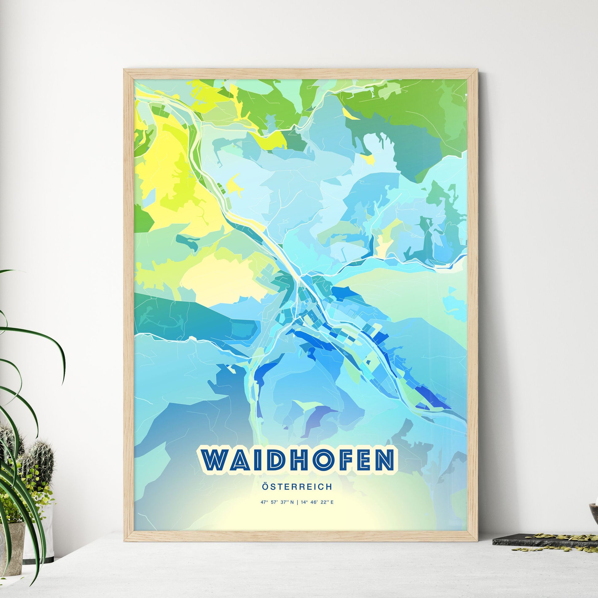 Colorful WAIDHOFEN AUSTRIA Fine Art Map Cool Blue