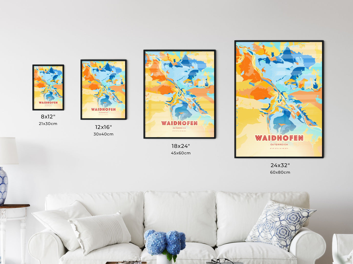 Colorful WAIDHOFEN AUSTRIA Fine Art Map Blue Orange