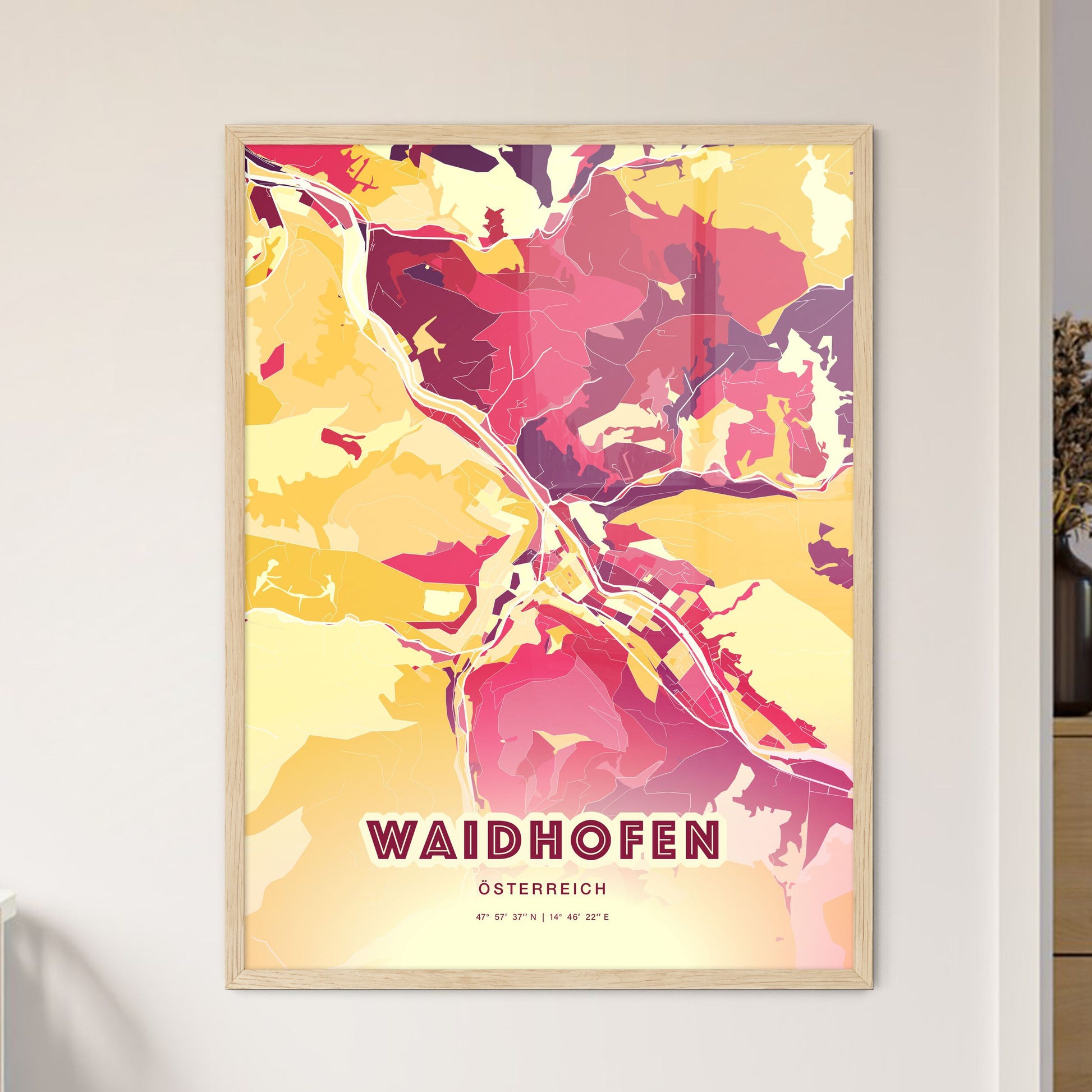 Colorful WAIDHOFEN AUSTRIA Fine Art Map Hot Red