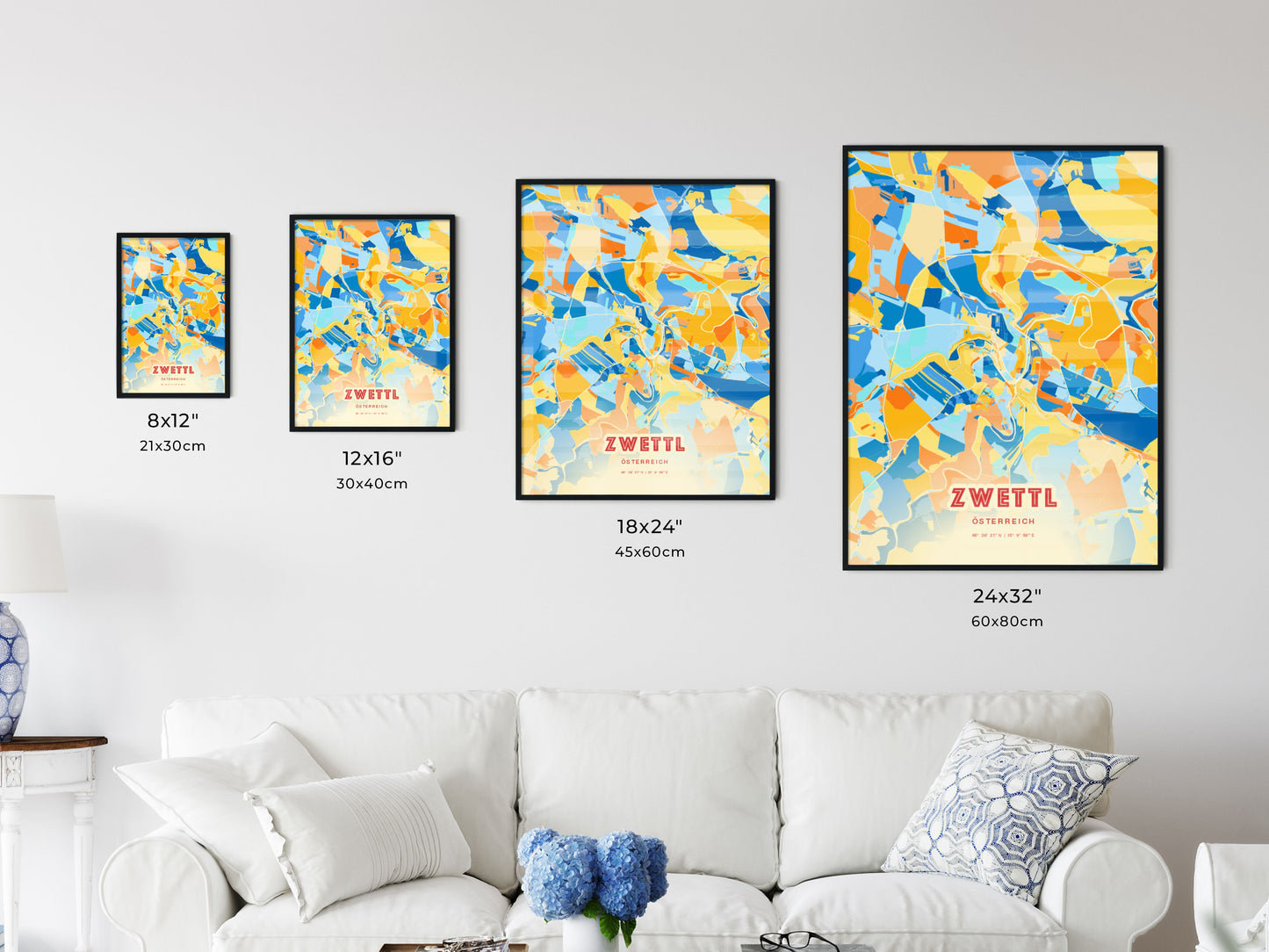 Colorful ZWETTL AUSTRIA Fine Art Map Blue Orange