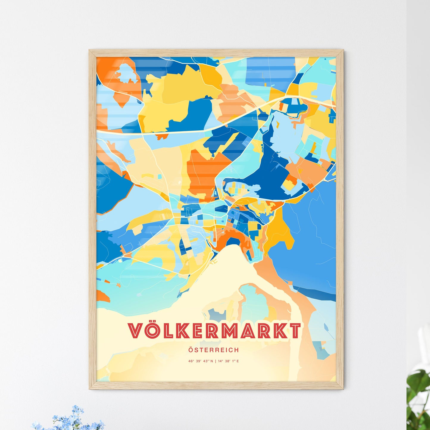 Colorful VÖLKERMARKT AUSTRIA Fine Art Map Blue Orange