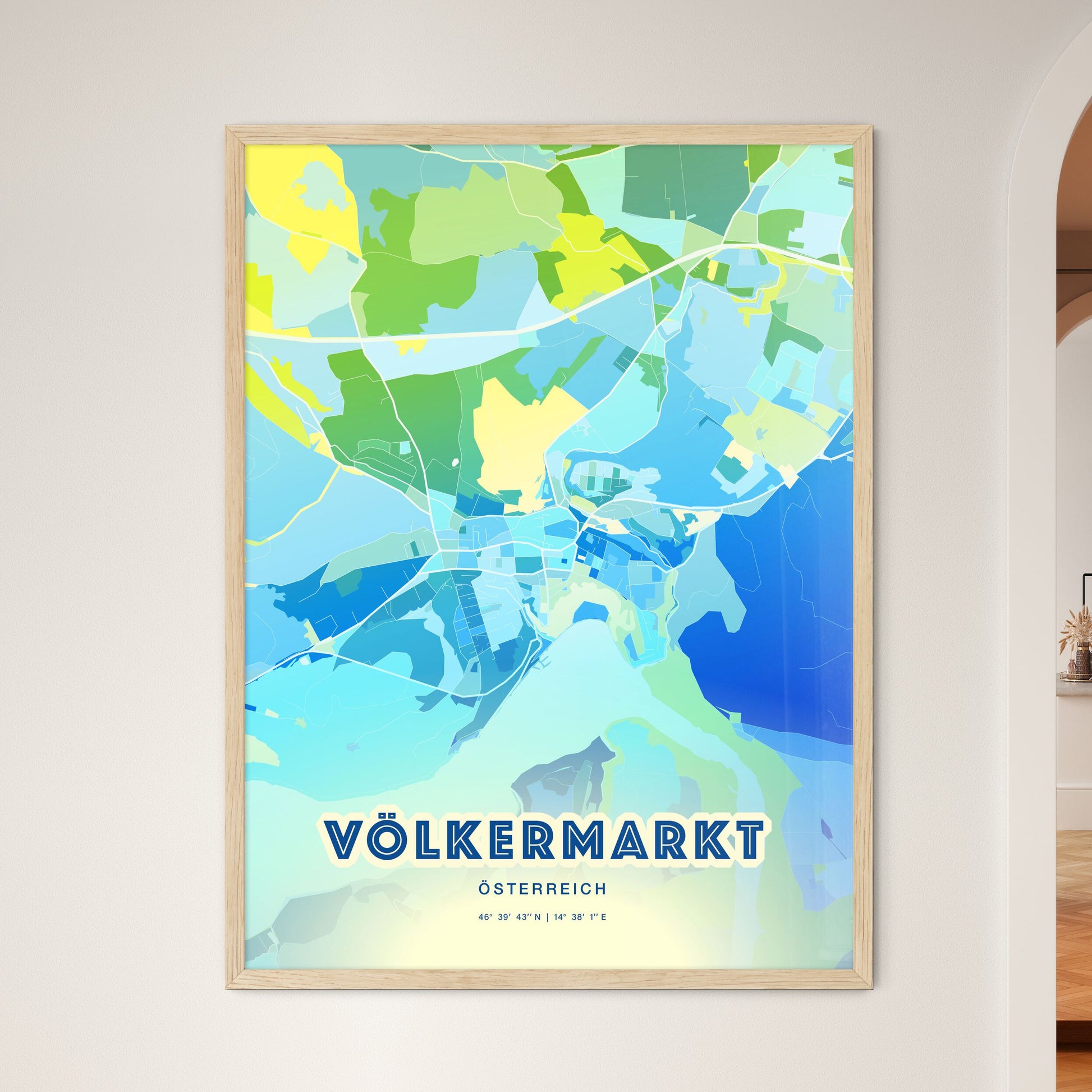 Colorful VÖLKERMARKT AUSTRIA Fine Art Map Cool Blue