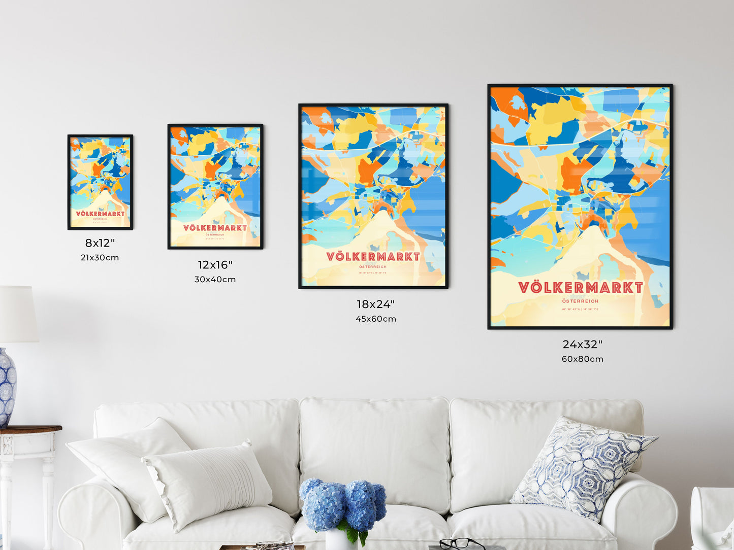 Colorful VÖLKERMARKT AUSTRIA Fine Art Map Blue Orange