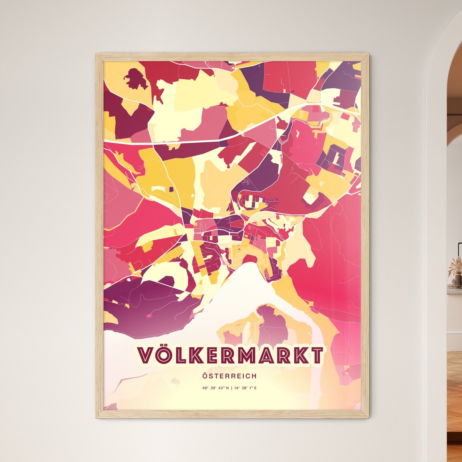 Colorful VÖLKERMARKT AUSTRIA Fine Art Map Hot Red