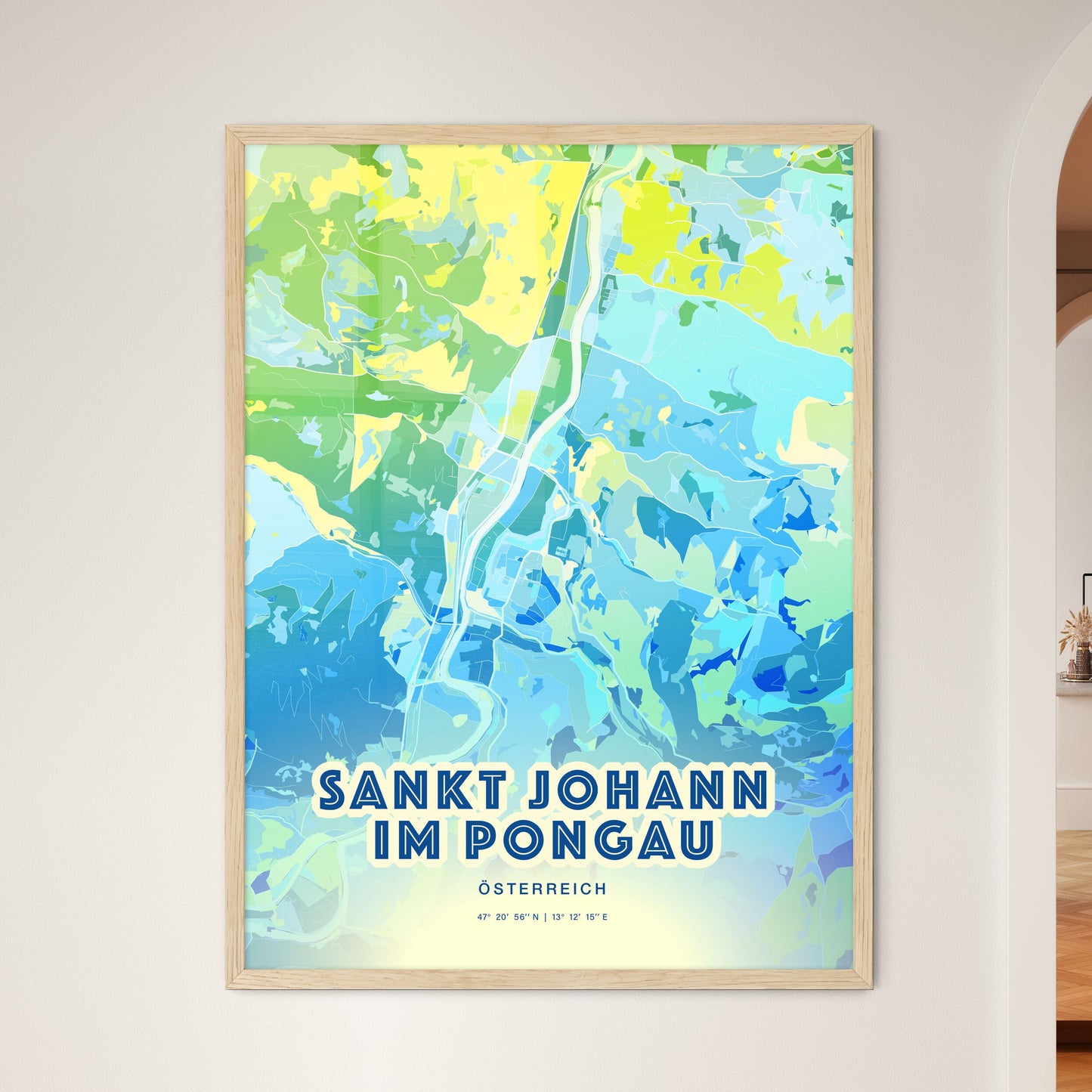 Colorful SANKT JOHANN IM PONGAU AUSTRIA Fine Art Map Cool Blue