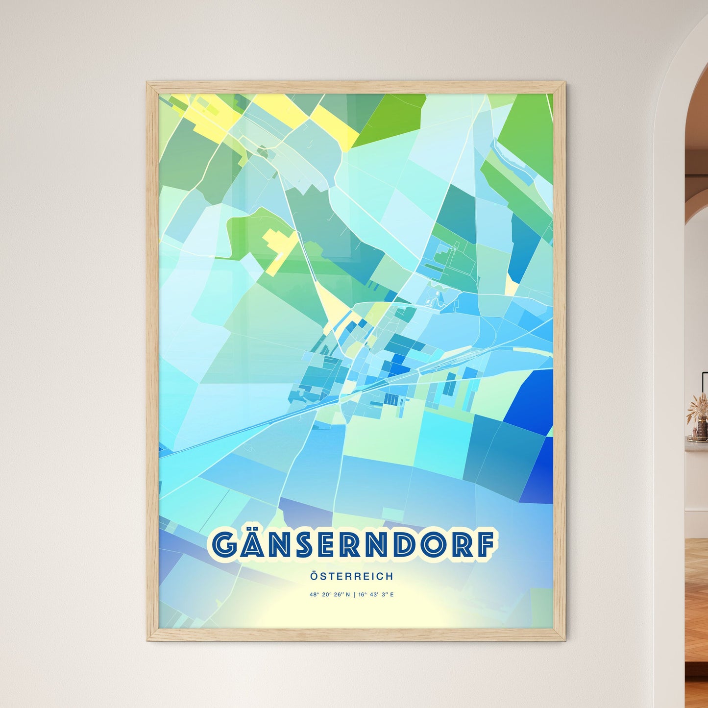 Colorful GÄNSERNDORF AUSTRIA Fine Art Map Cool Blue