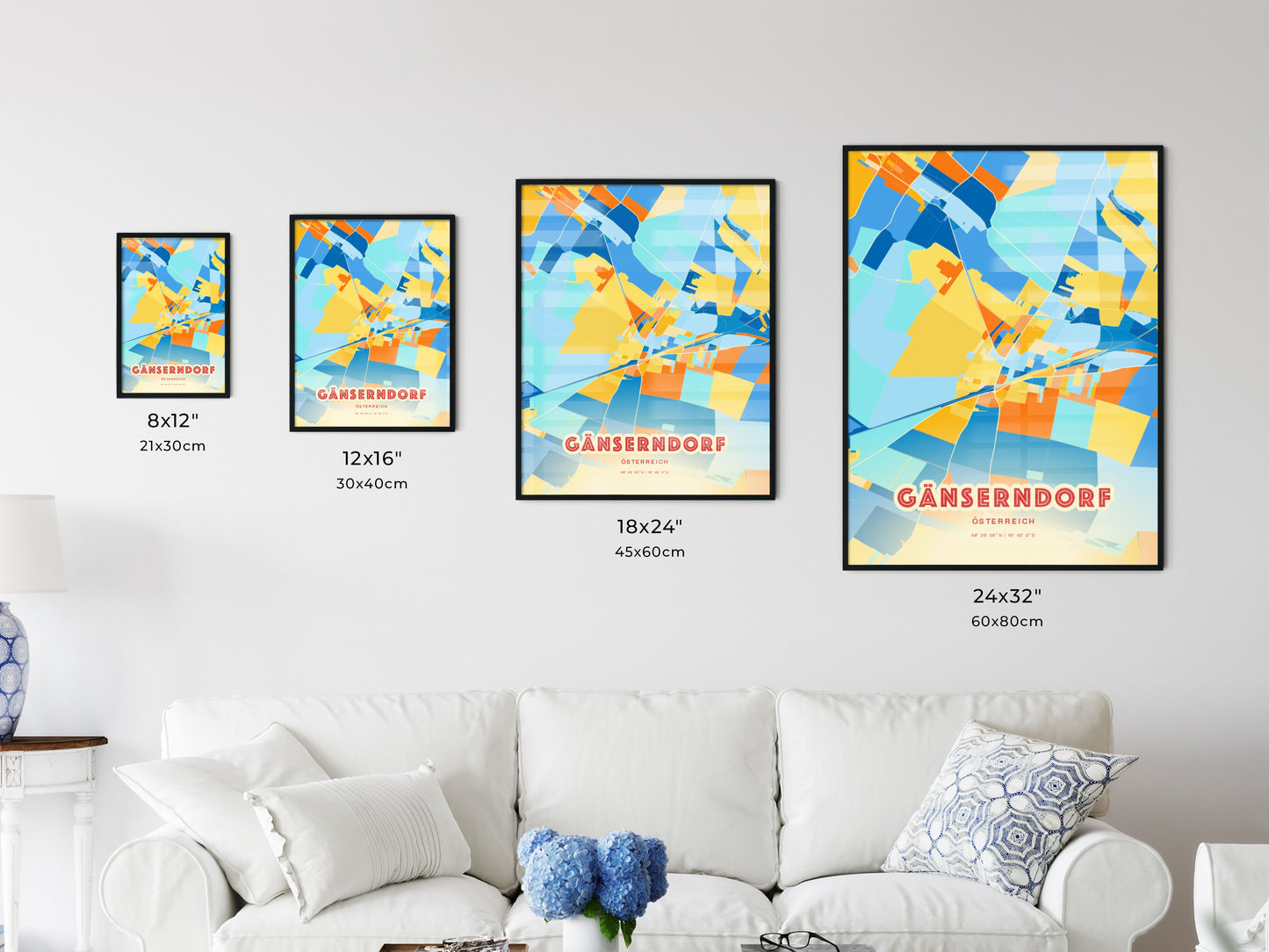 Colorful GÄNSERNDORF AUSTRIA Fine Art Map Blue Orange