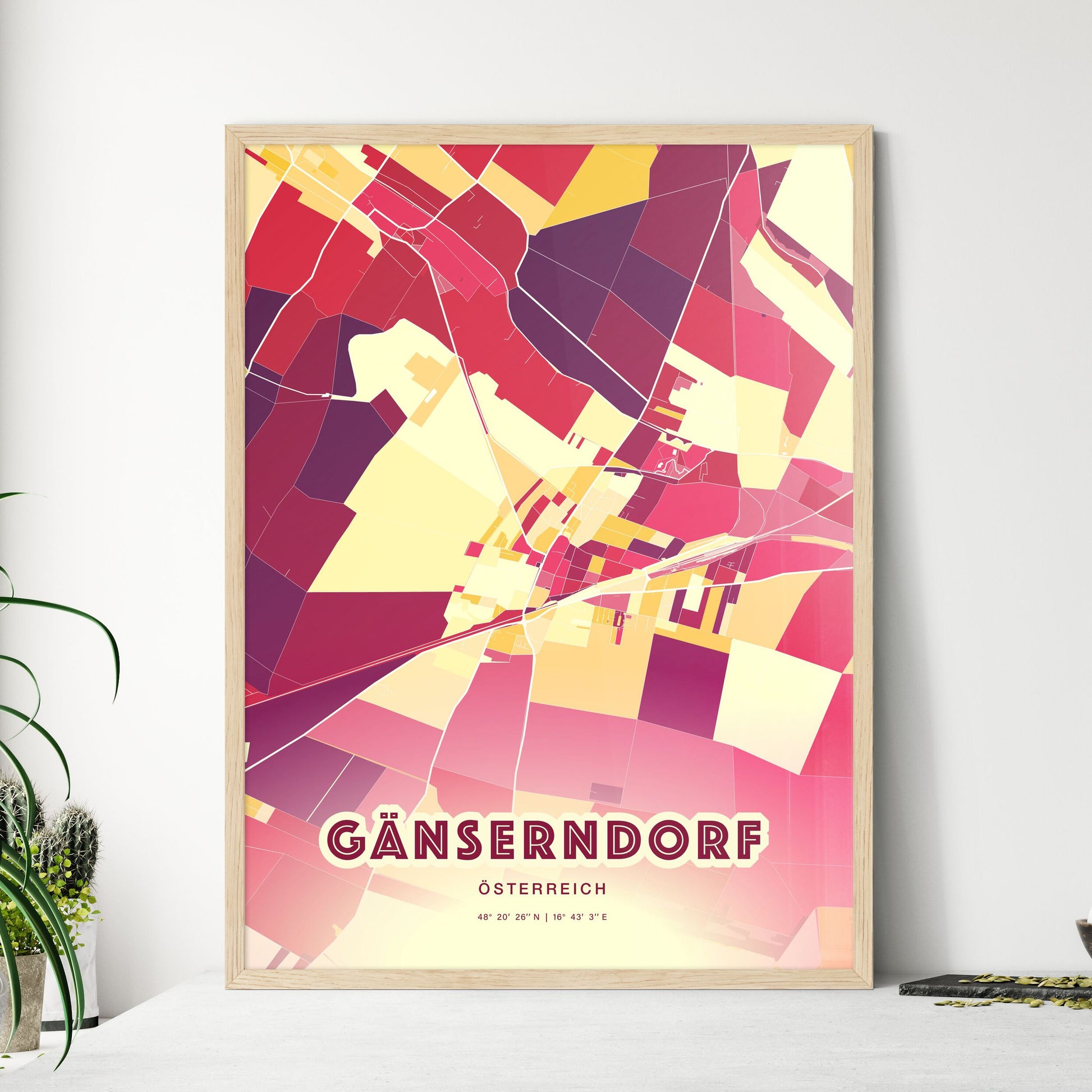 Colorful GÄNSERNDORF AUSTRIA Fine Art Map Hot Red