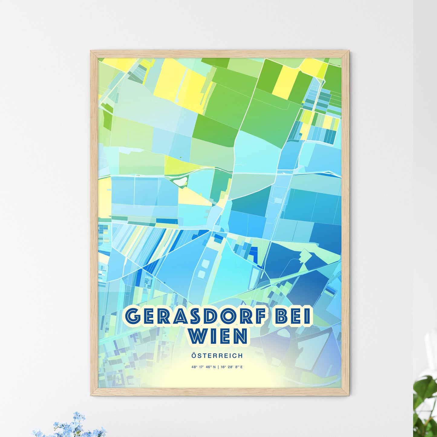 Colorful GERASDORF BEI WIEN AUSTRIA Fine Art Map Cool Blue