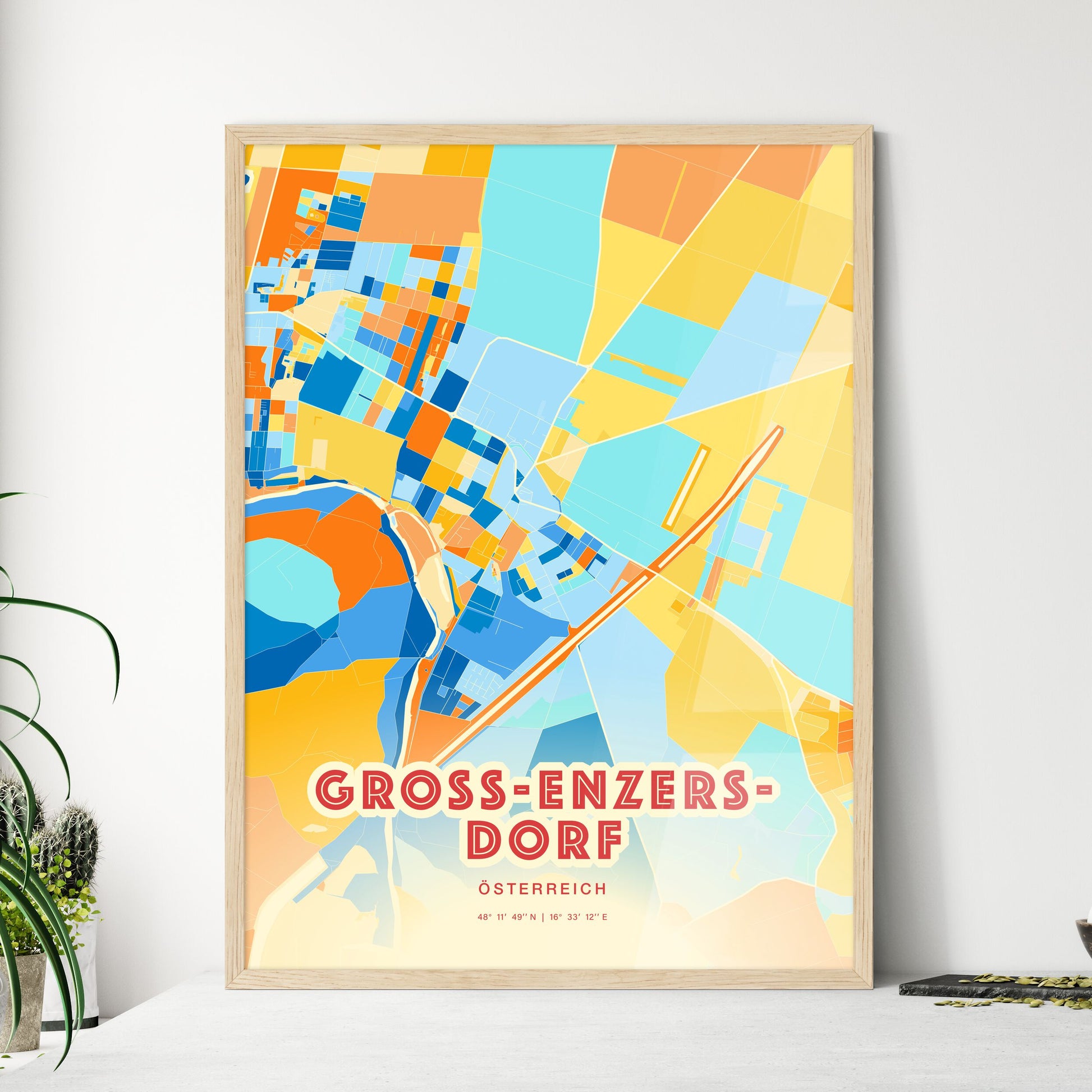 Colorful GROSS-ENZERSDORF AUSTRIA Fine Art Map Blue Orange