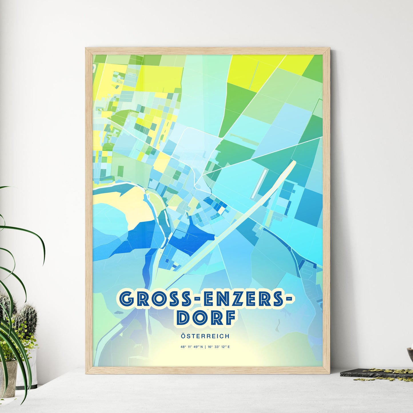 Colorful GROSS-ENZERSDORF AUSTRIA Fine Art Map Cool Blue