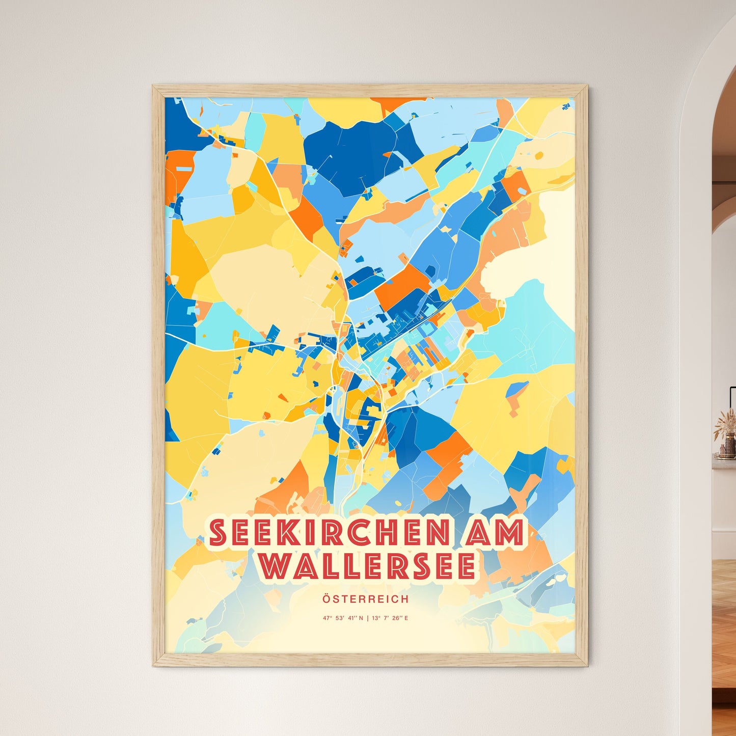 Colorful SEEKIRCHEN AM WALLERSEE AUSTRIA Fine Art Map Blue Orange