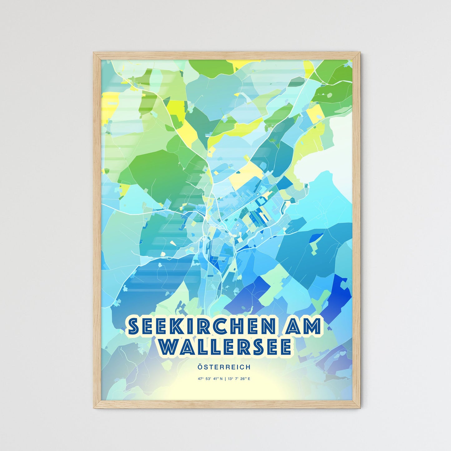 Colorful SEEKIRCHEN AM WALLERSEE AUSTRIA Fine Art Map Cool Blue