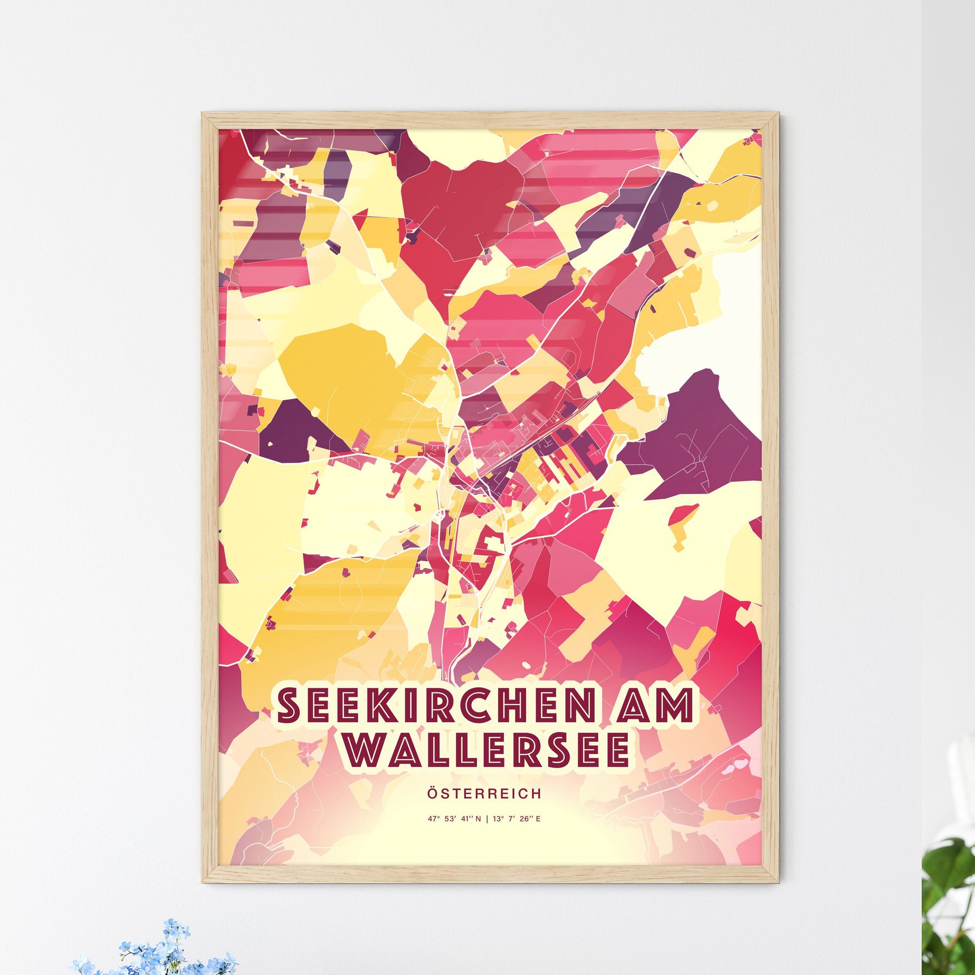 Colorful SEEKIRCHEN AM WALLERSEE AUSTRIA Fine Art Map Hot Red