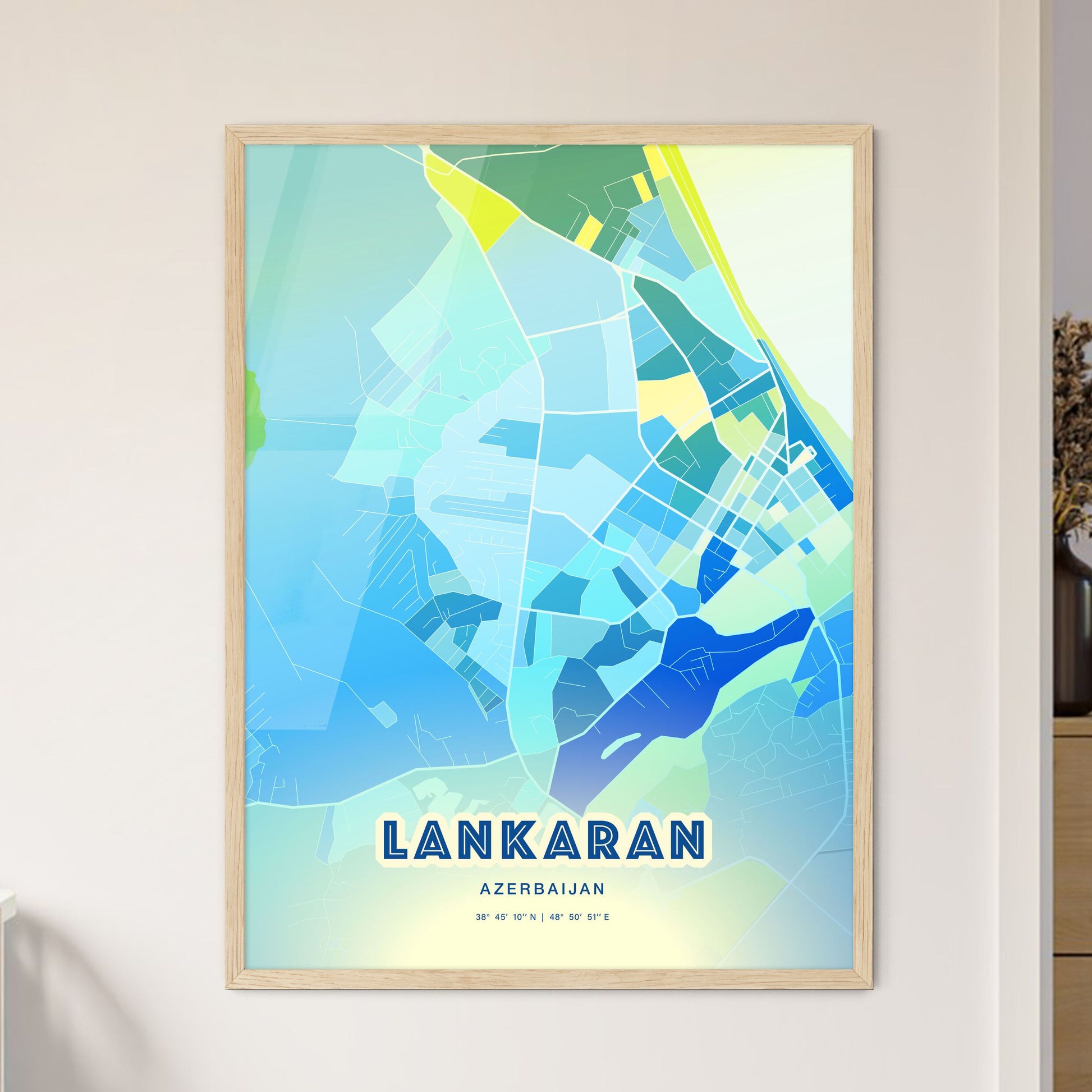 Colorful LANKARAN AZERBAIJAN Fine Art Map Cool Blue