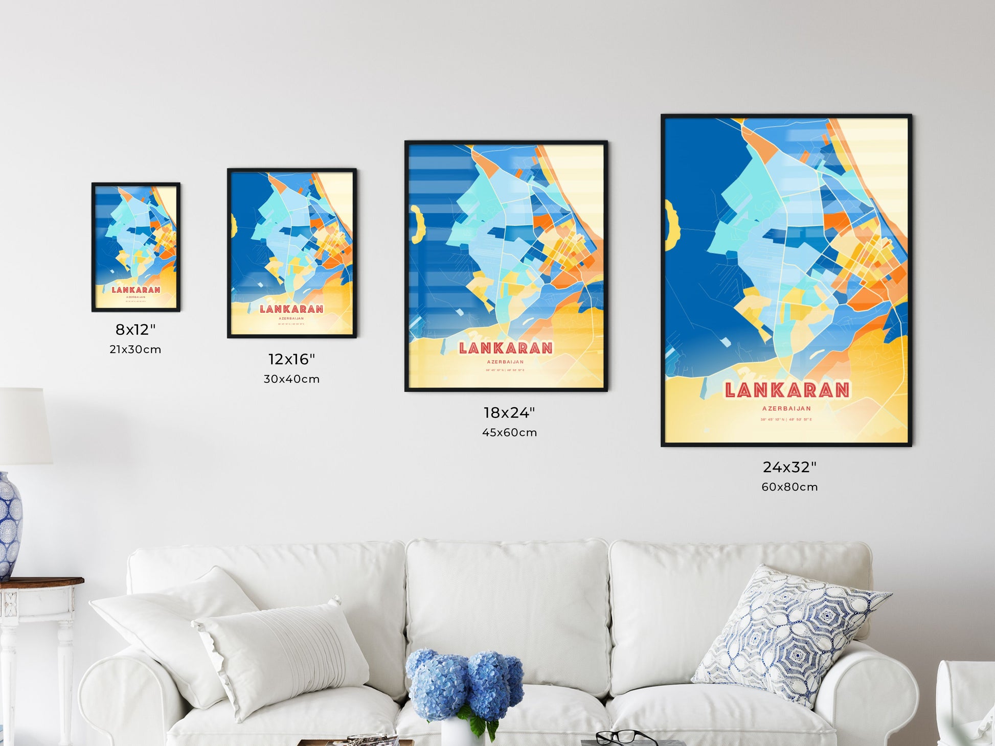 Colorful LANKARAN AZERBAIJAN Fine Art Map Blue Orange