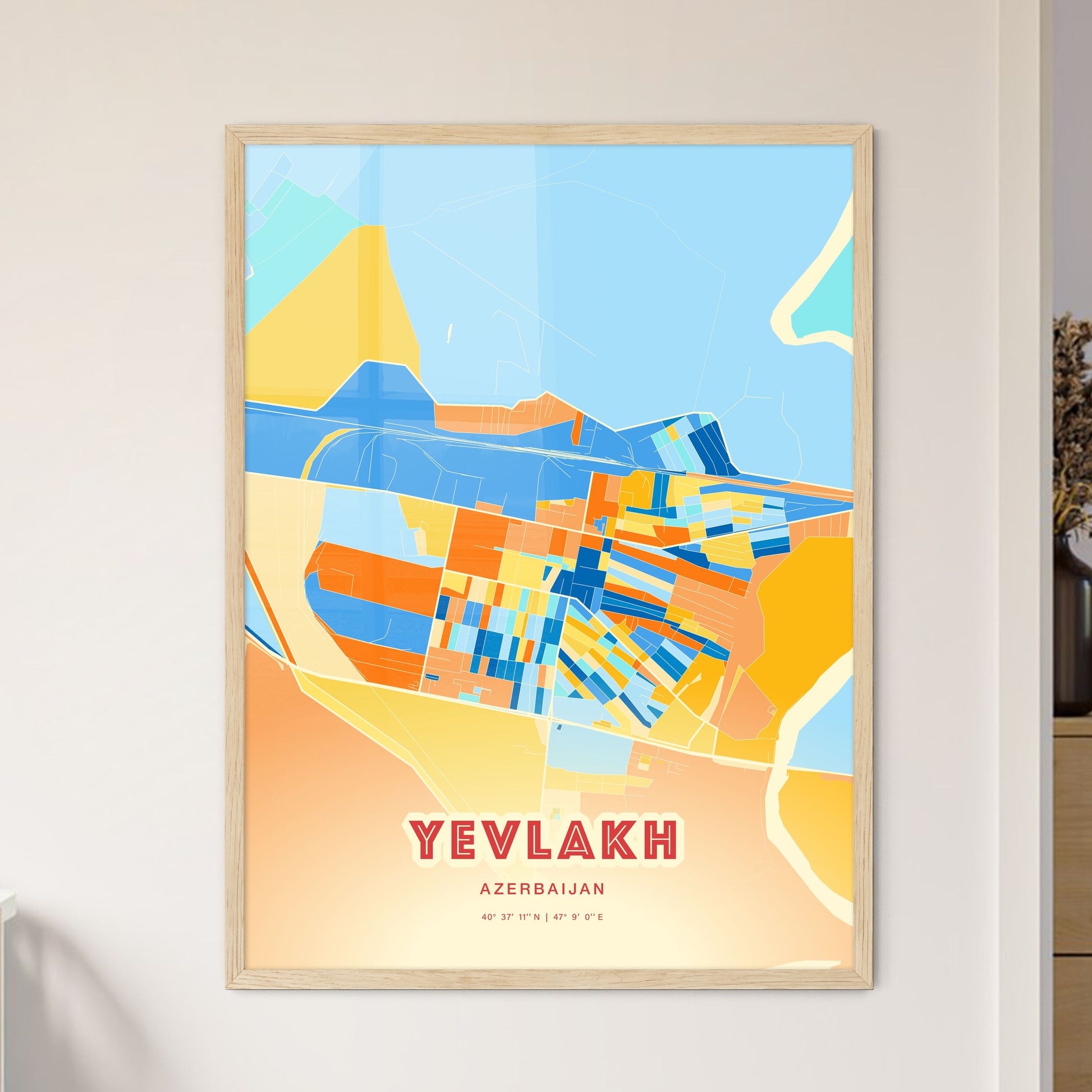 Colorful YEVLAKH AZERBAIJAN Fine Art Map Blue Orange